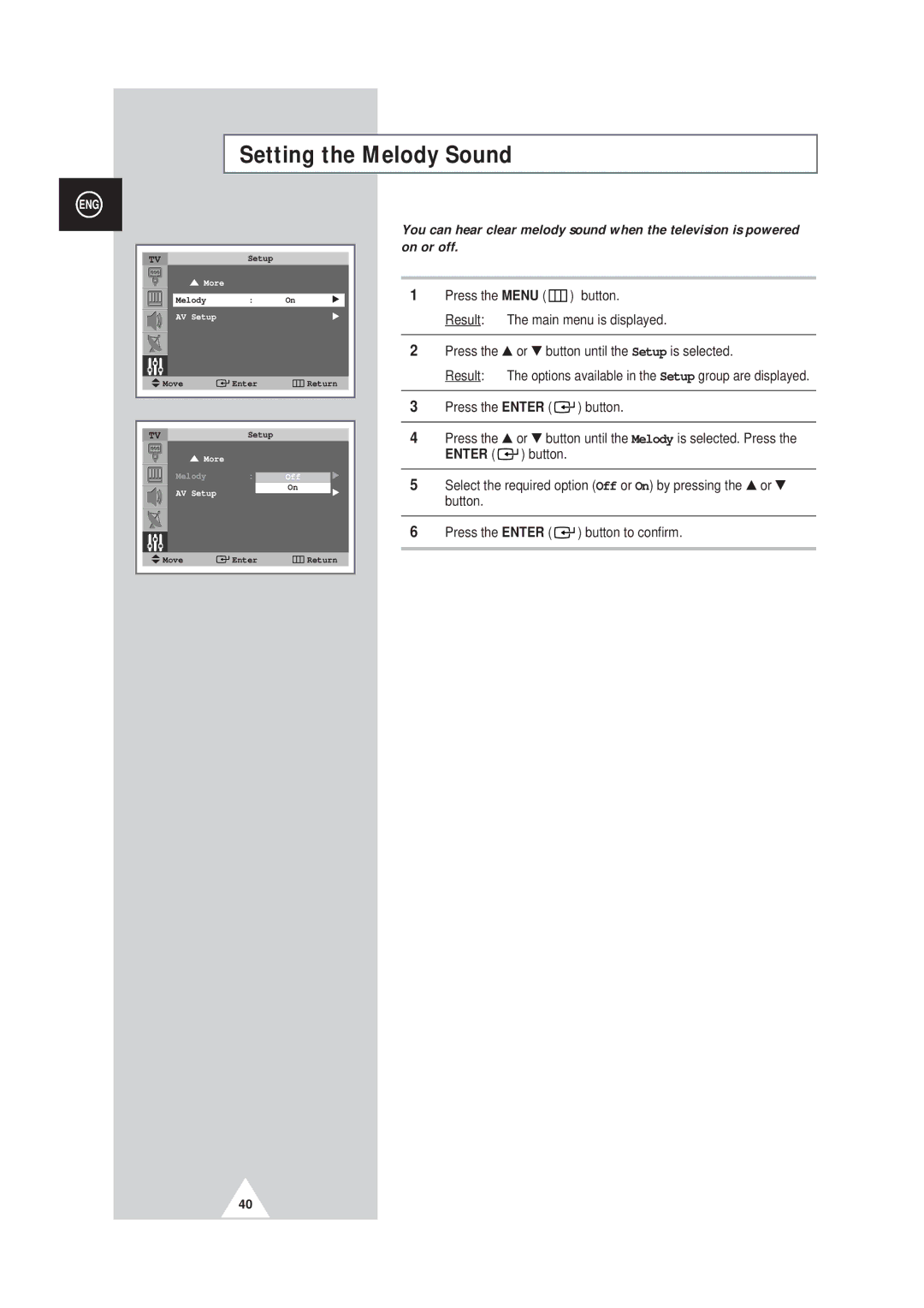 Samsung SP42Q2, SP43W6 manual Setting the Melody Sound 