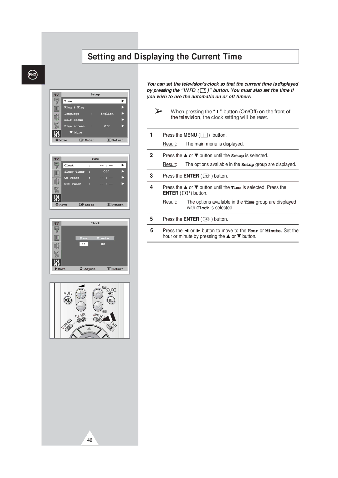 Samsung SP42Q2, SP43W6 manual Setting and Displaying the Current Time 