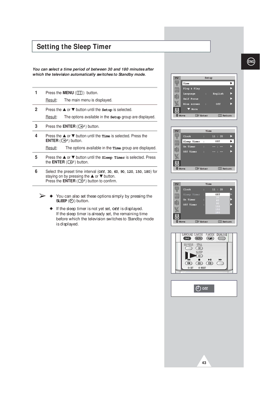 Samsung SP43W6, SP42Q2 manual Setting the Sleep Timer 