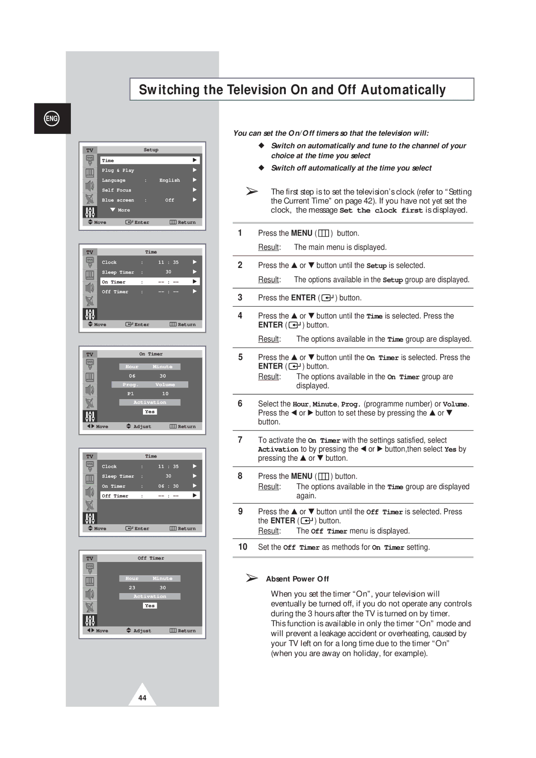 Samsung SP42Q2, SP43W6 manual Switching the Television On and Off Automatically, √ Move 