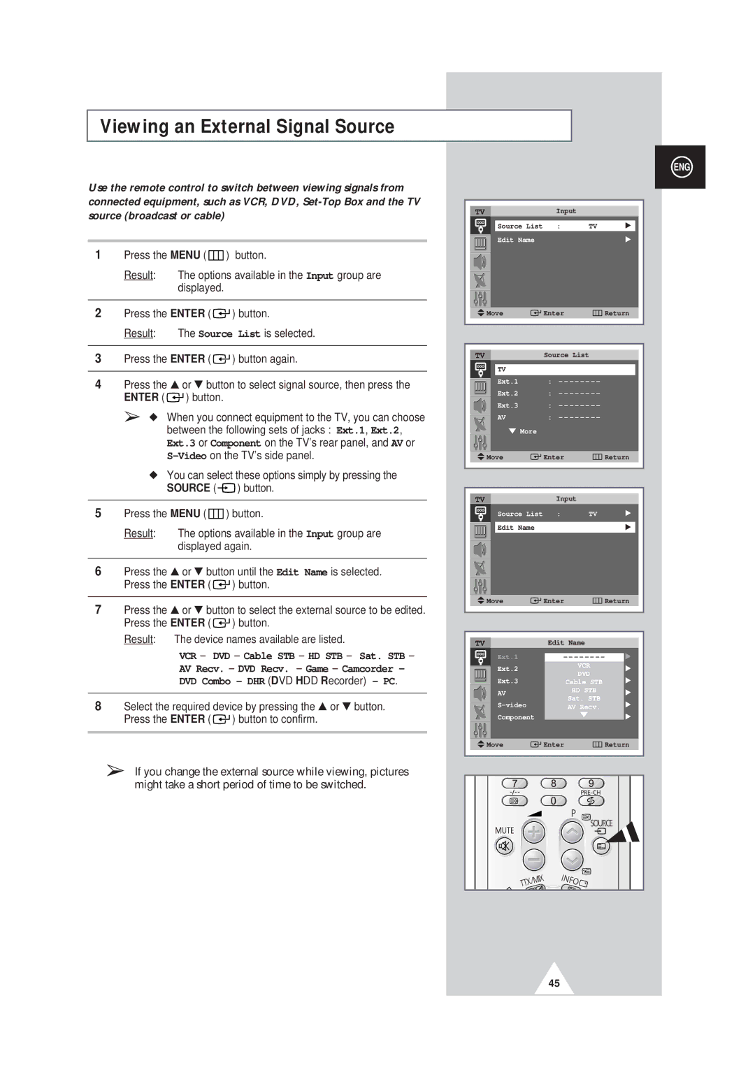 Samsung SP43W6, SP42Q2 manual Viewing an External Signal Source 