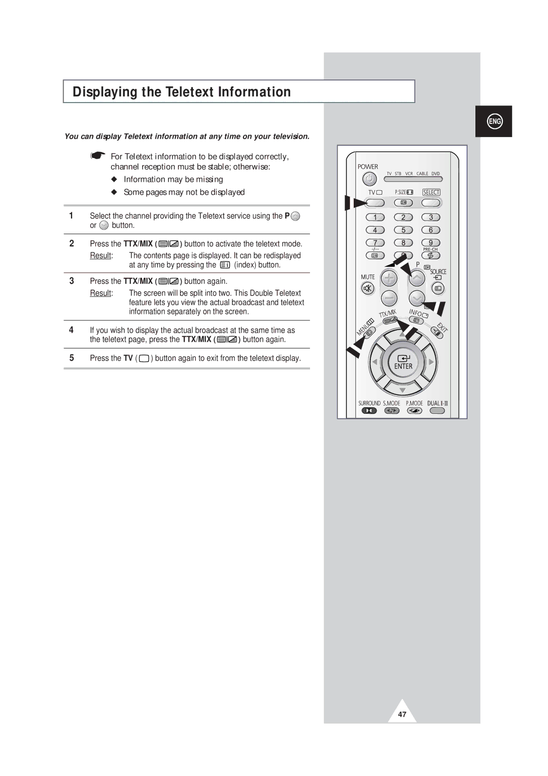 Samsung SP43W6, SP42Q2 manual Displaying the Teletext Information 