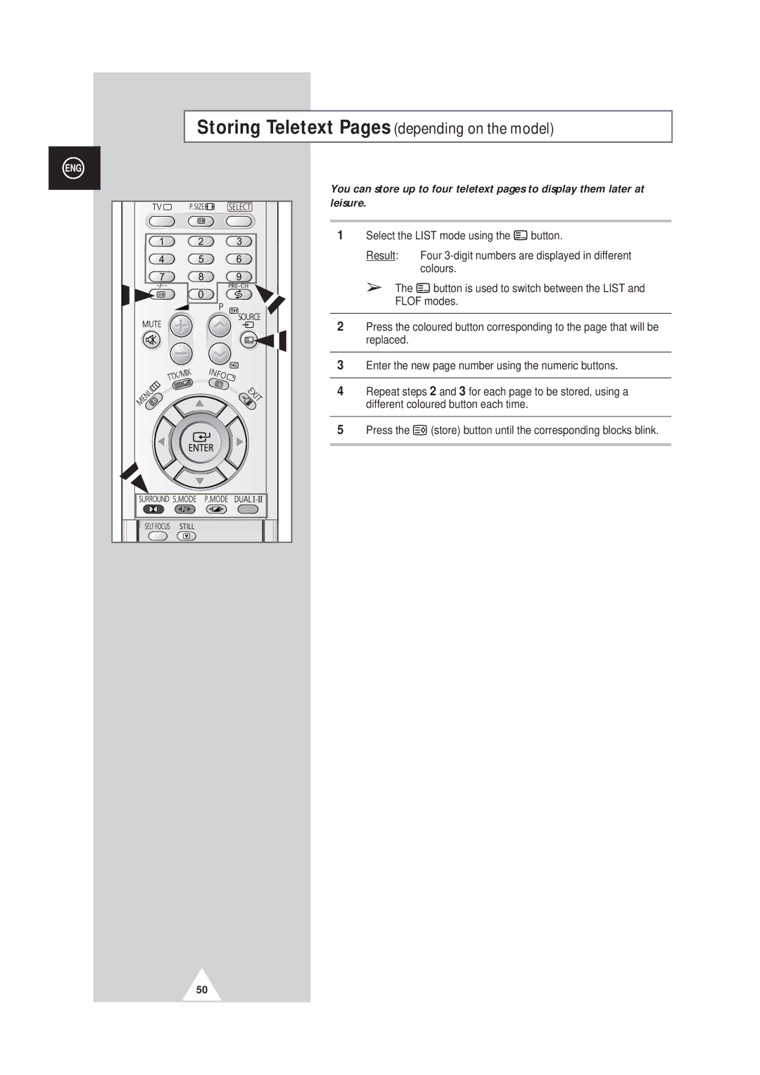 Samsung SP42Q2, SP43W6 manual Storing Teletext Pages depending on the model 