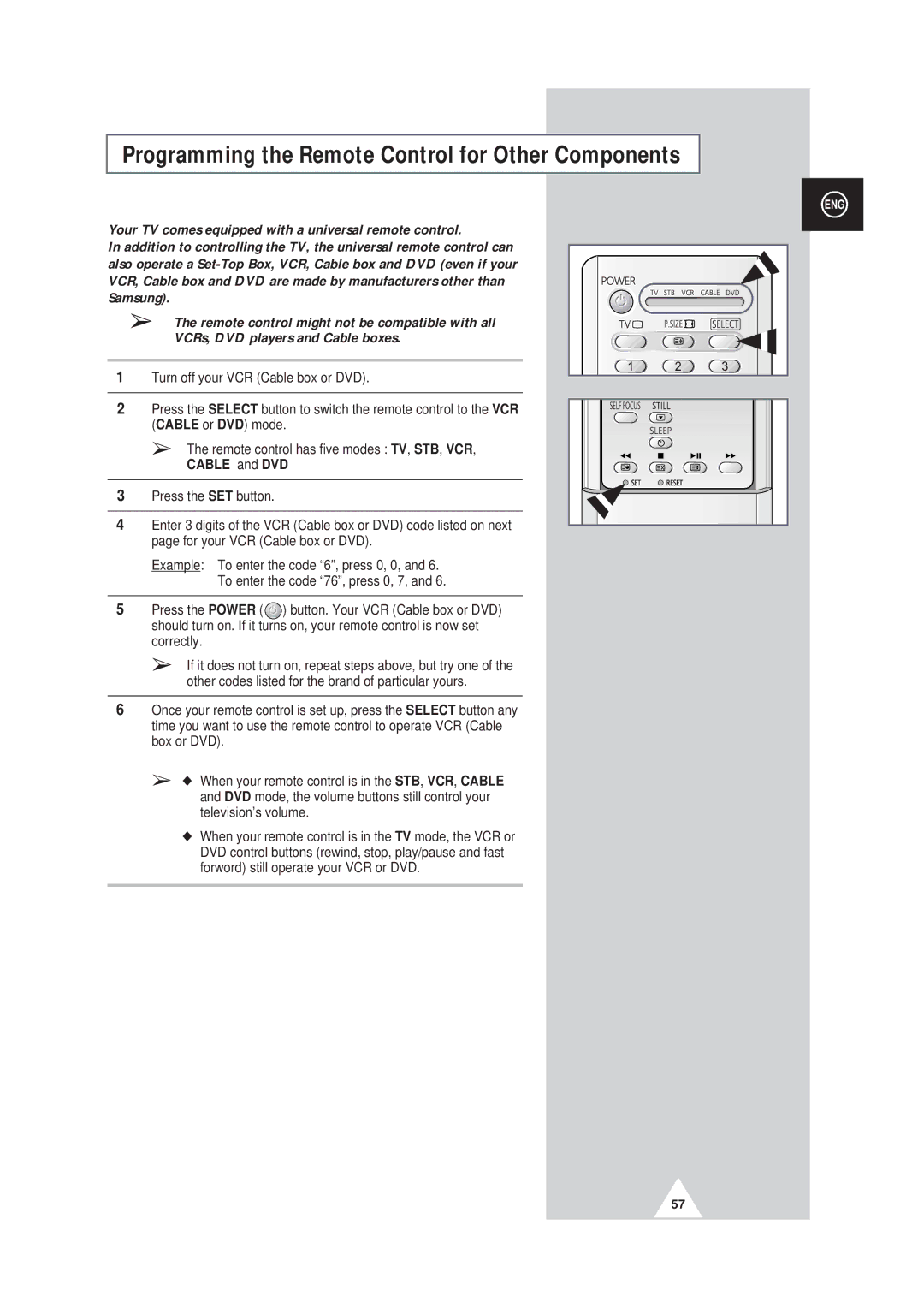 Samsung SP43W6, SP42Q2 manual Programming the Remote Control for Other Components, VCRs, DVD players and Cable boxes 