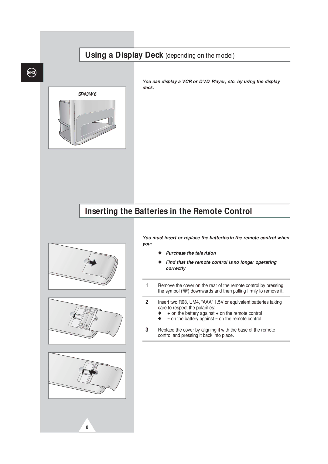 Samsung SP42Q2, SP43W6 manual Inserting the Batteries in the Remote Control 