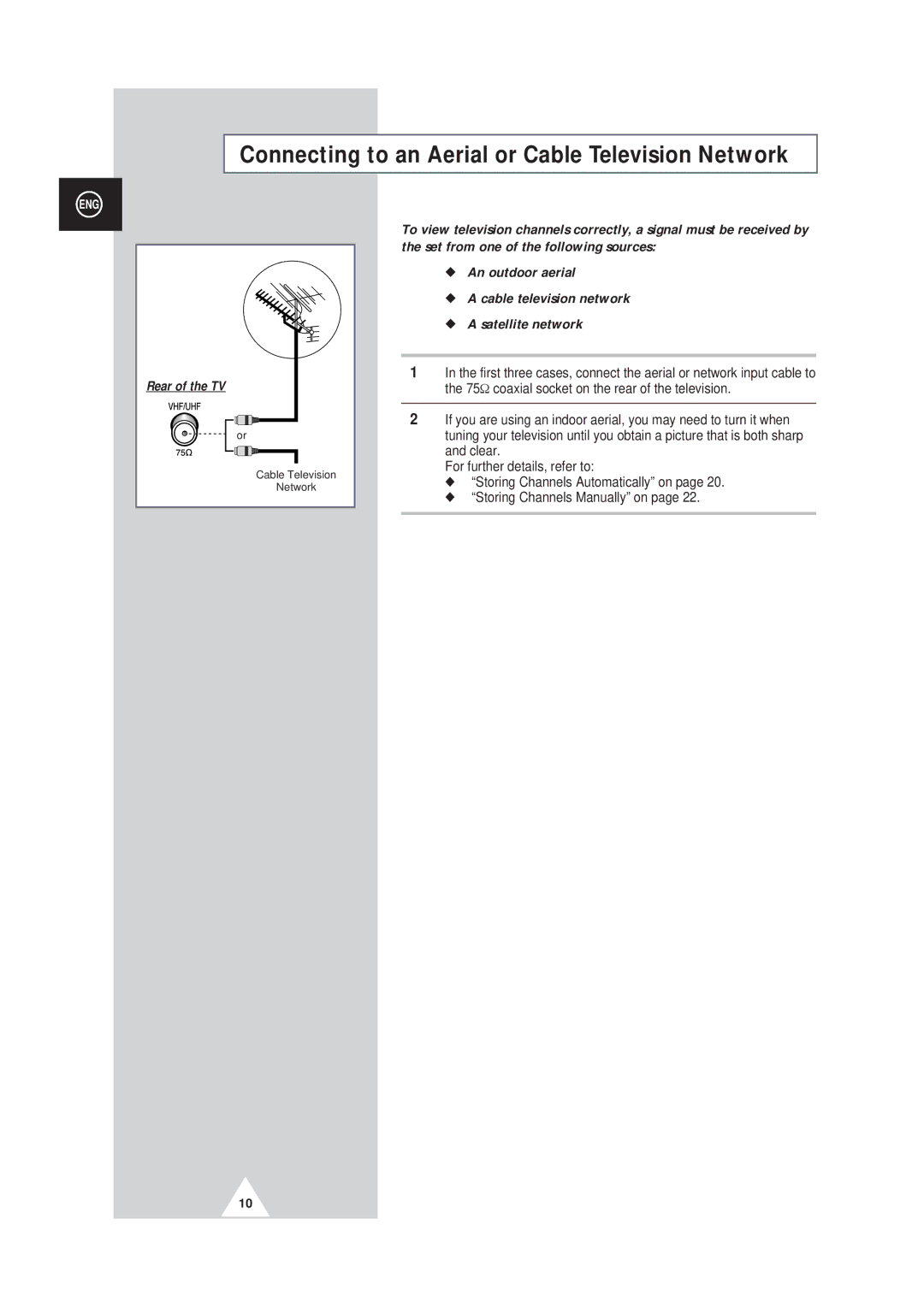 Samsung SP42Q2, SP43W6 manual Connecting to an Aerial or Cable Television Network 