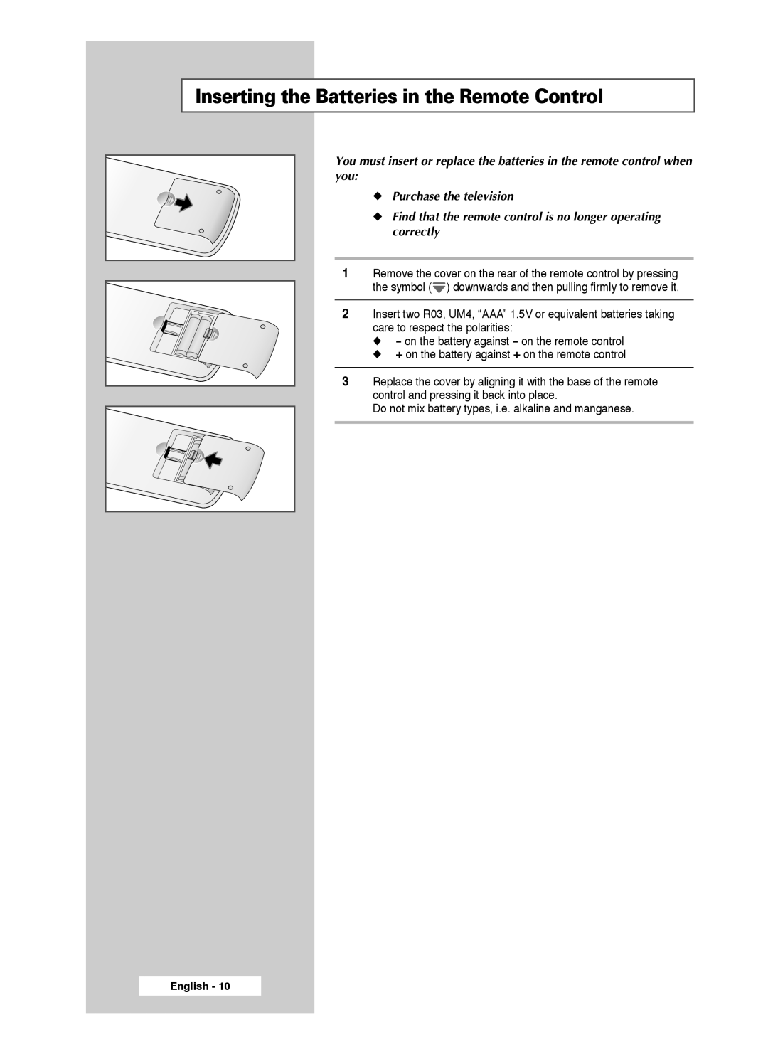 Samsung SP50L3HX, SP46L3HX, SP61L3HX manual Inserting the Batteries in the Remote Control 