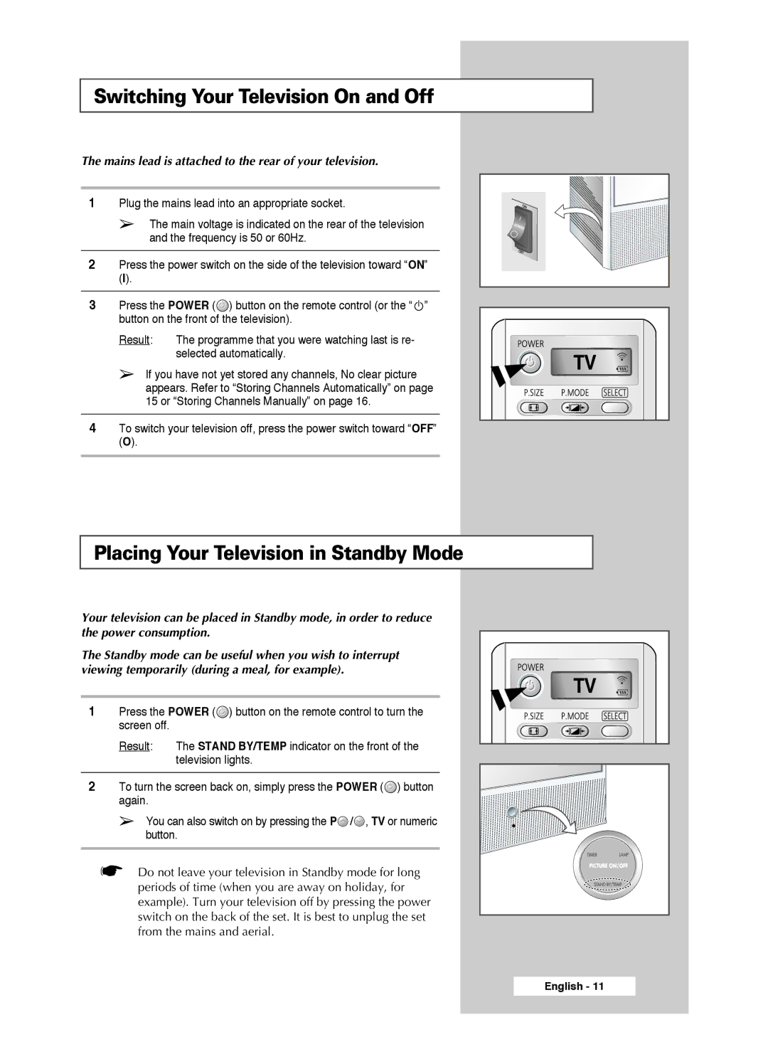 Samsung SP61L3HX, SP46L3HX, SP50L3HX manual Switching Your Television On and Off, Placing Your Television in Standby Mode 