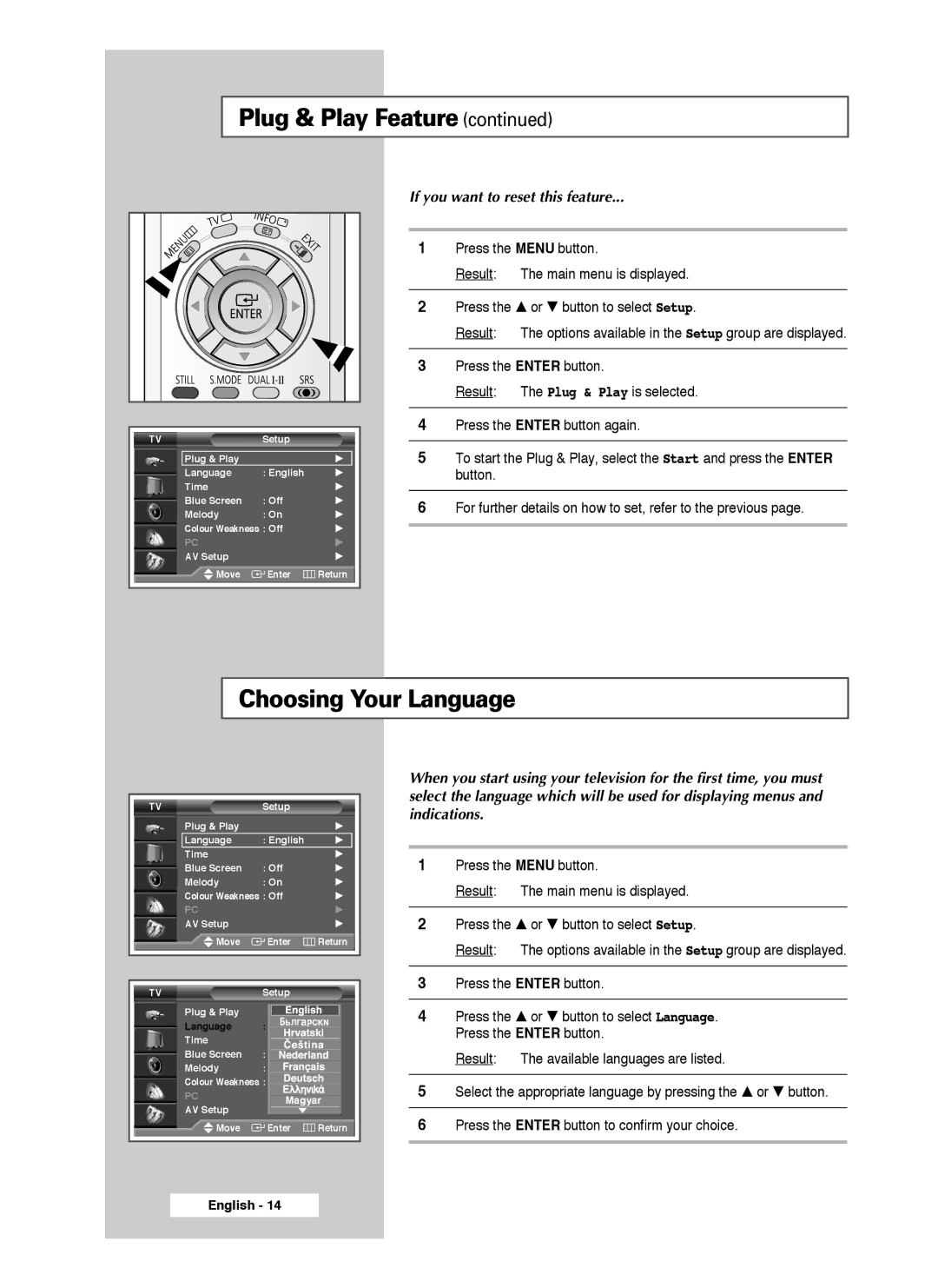 Samsung SP61L3HX, SP46L3HX, SP50L3HX manual Choosing Your Language, If you want to reset this feature 