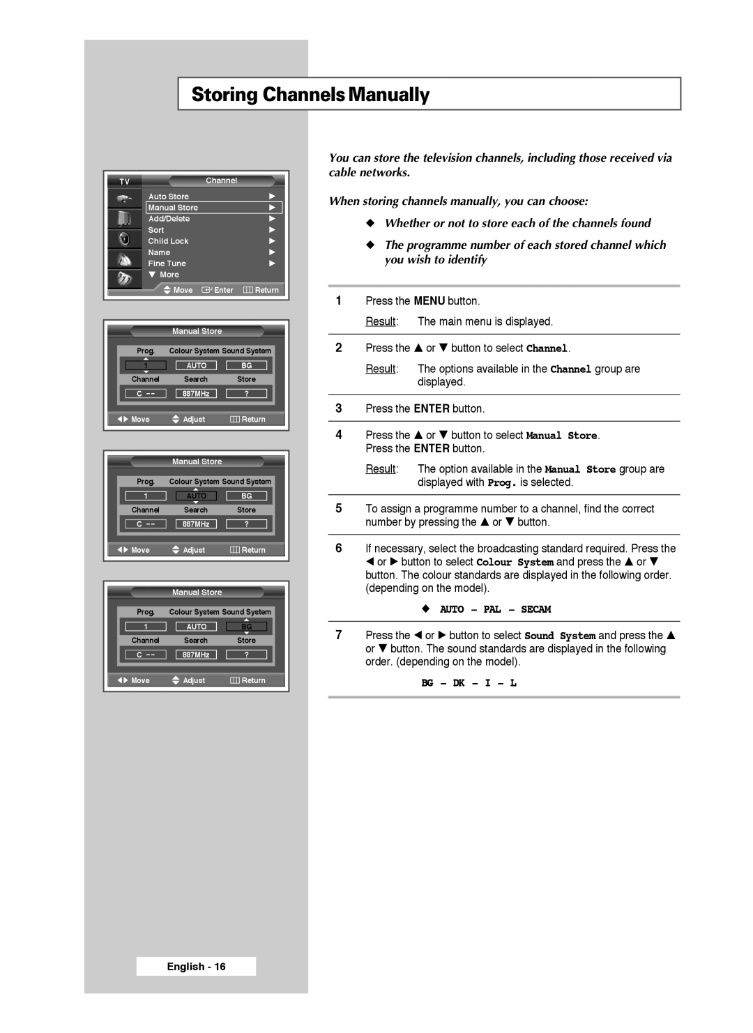 Samsung SP50L3HX, SP46L3HX, SP61L3HX manual Storing ChannelsManually, Auto PAL Secam 