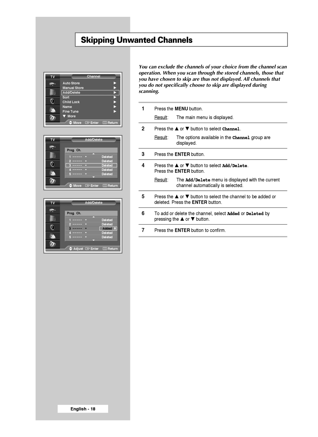 Samsung SP46L3HX, SP50L3HX, SP61L3HX manual Skipping Unwanted Channels 