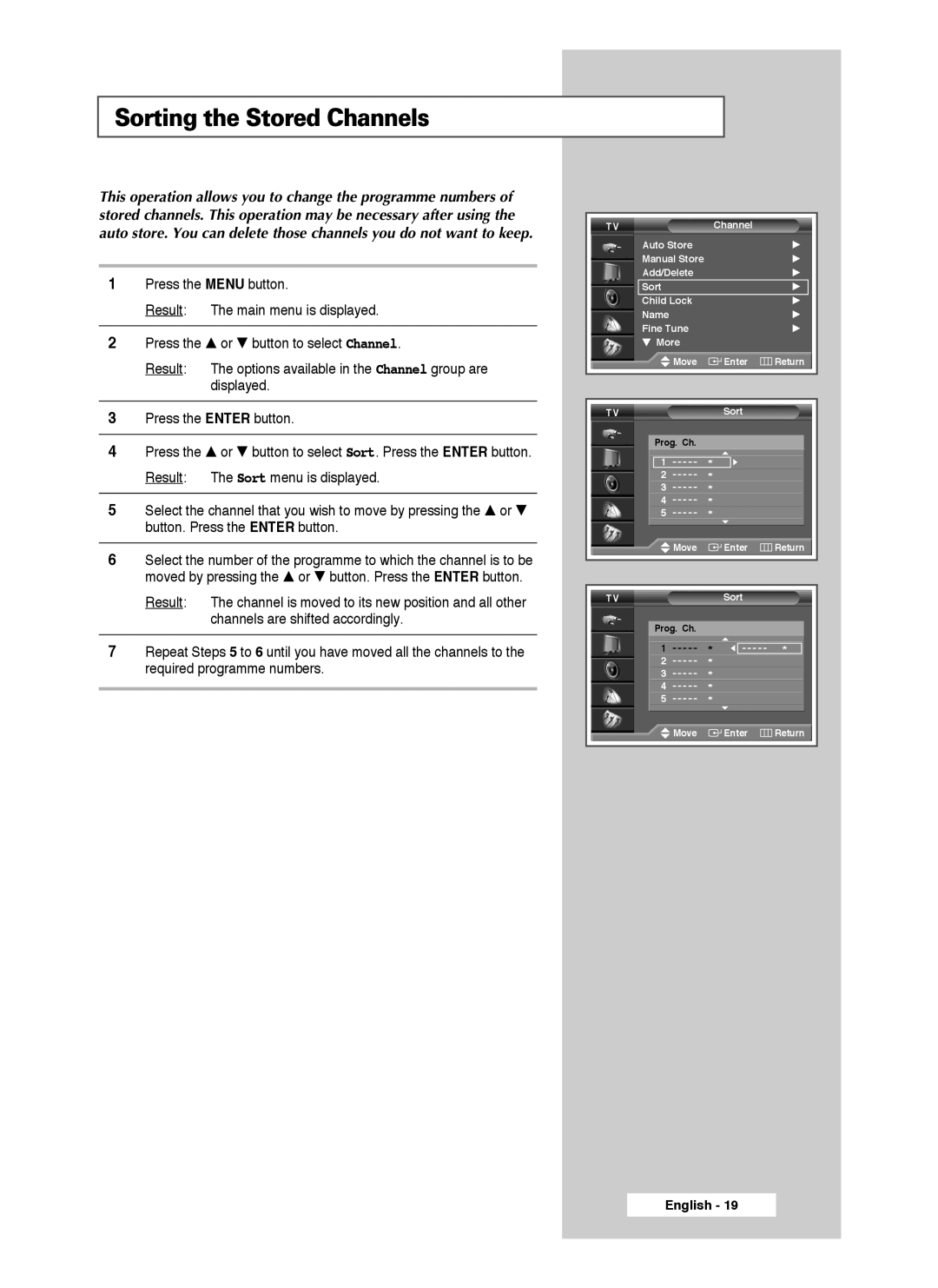 Samsung SP50L3HX, SP46L3HX, SP61L3HX manual Sorting the Stored Channels 