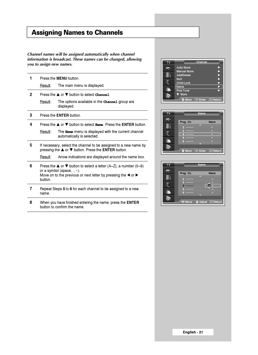 Samsung SP46L3HX, SP50L3HX, SP61L3HX manual Assigning Names to Channels 