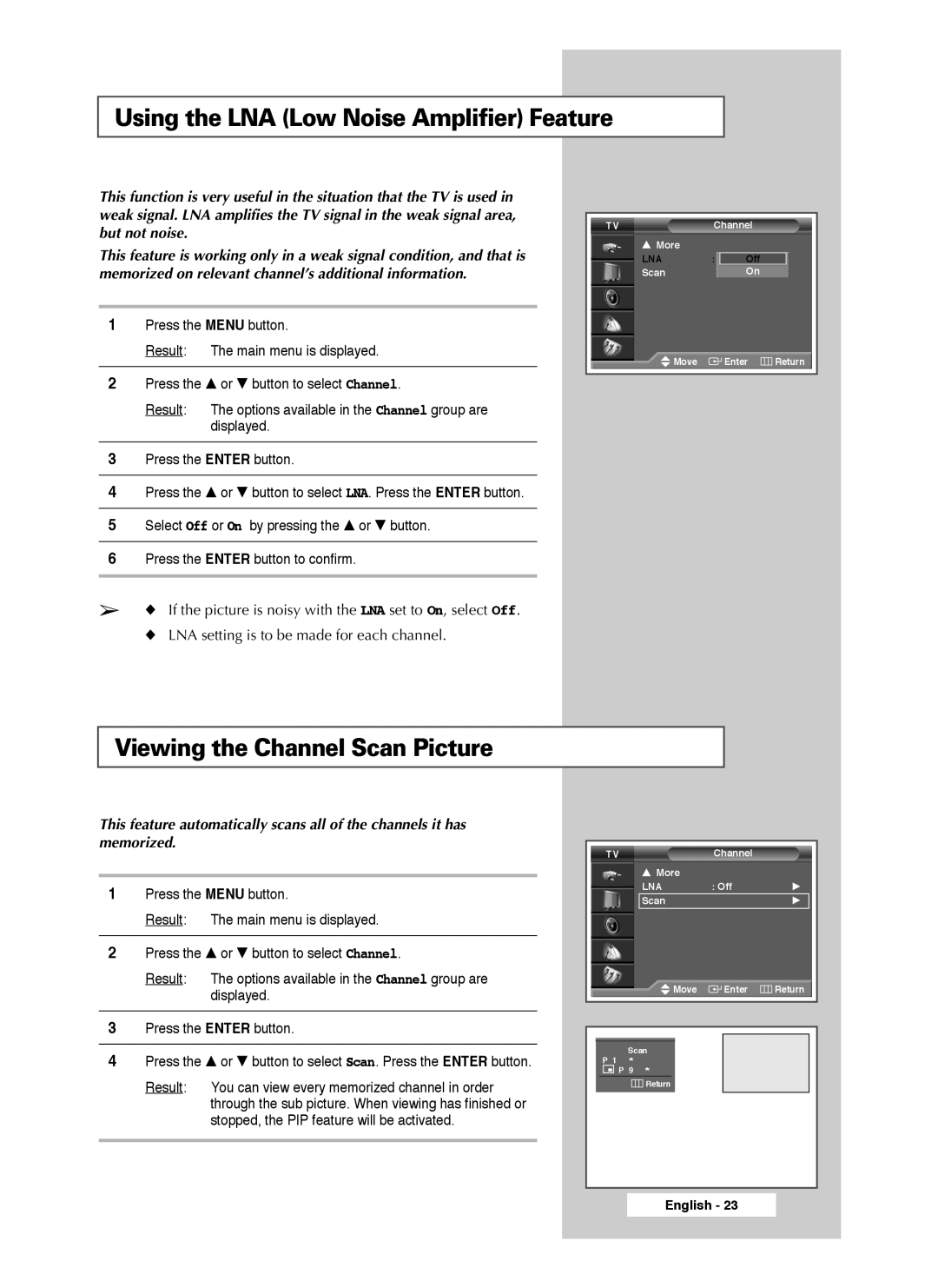 Samsung SP61L3HX, SP46L3HX, SP50L3HX manual Using the LNA Low Noise Amplifier Feature, Viewing the Channel Scan Picture 