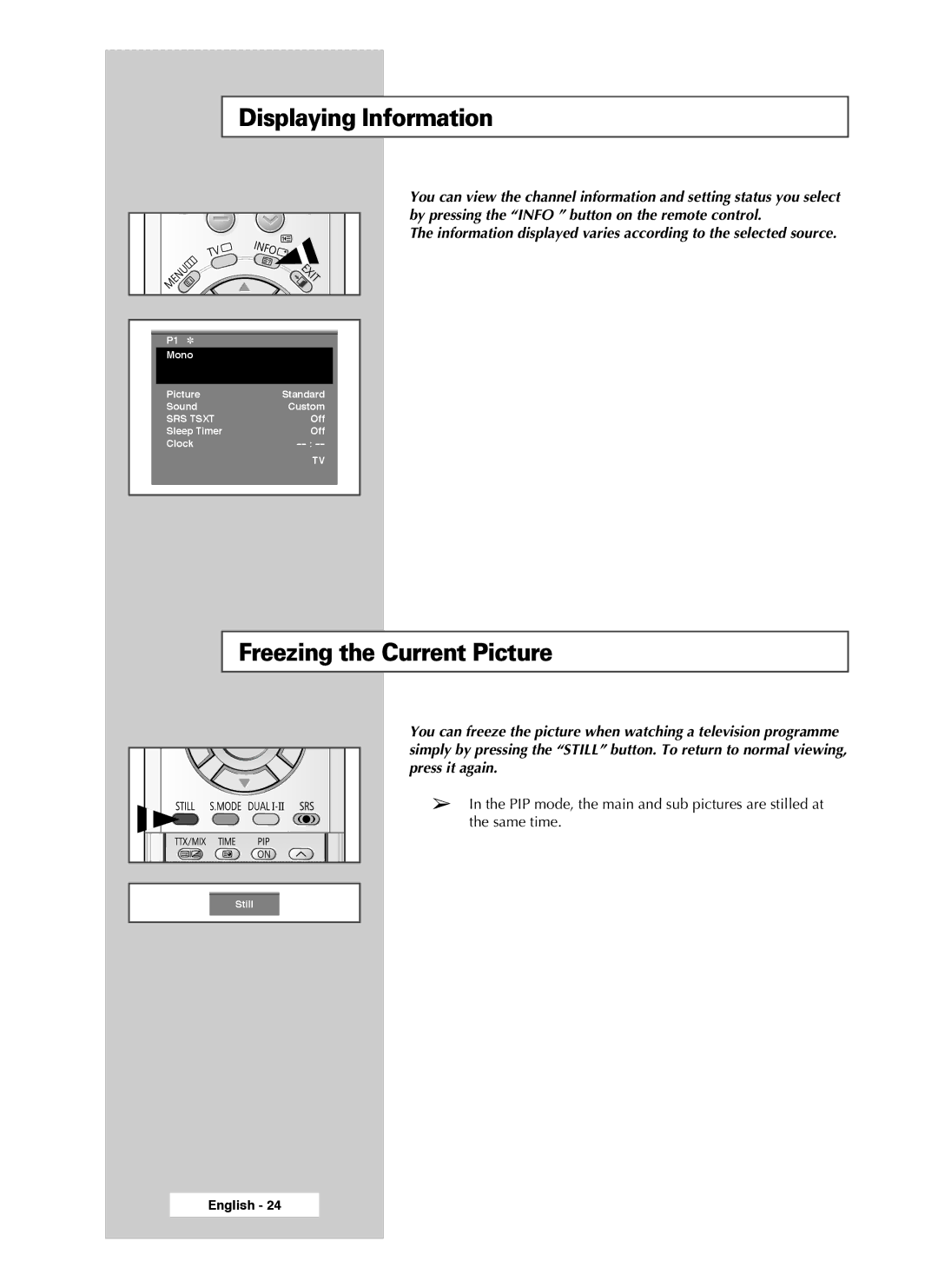 Samsung SP46L3HX, SP50L3HX, SP61L3HX manual Displaying Information, Freezing the Current Picture 