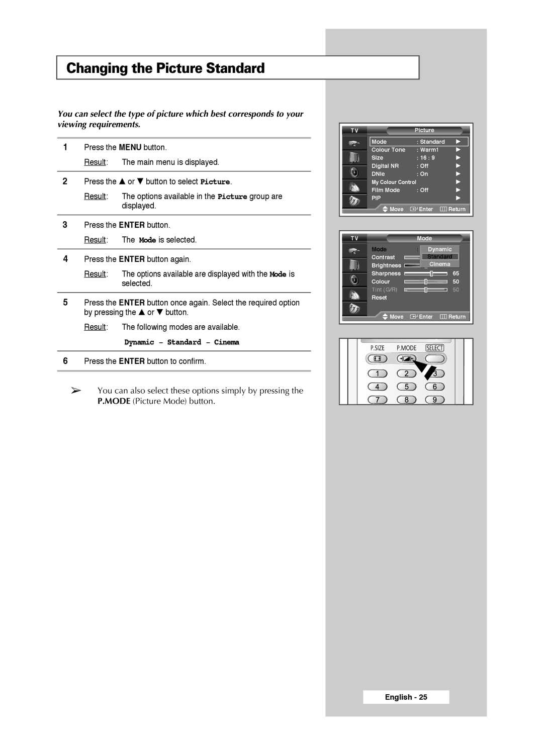 Samsung SP50L3HX, SP46L3HX, SP61L3HX manual Changing the Picture Standard, Dynamic Standard Cinema 