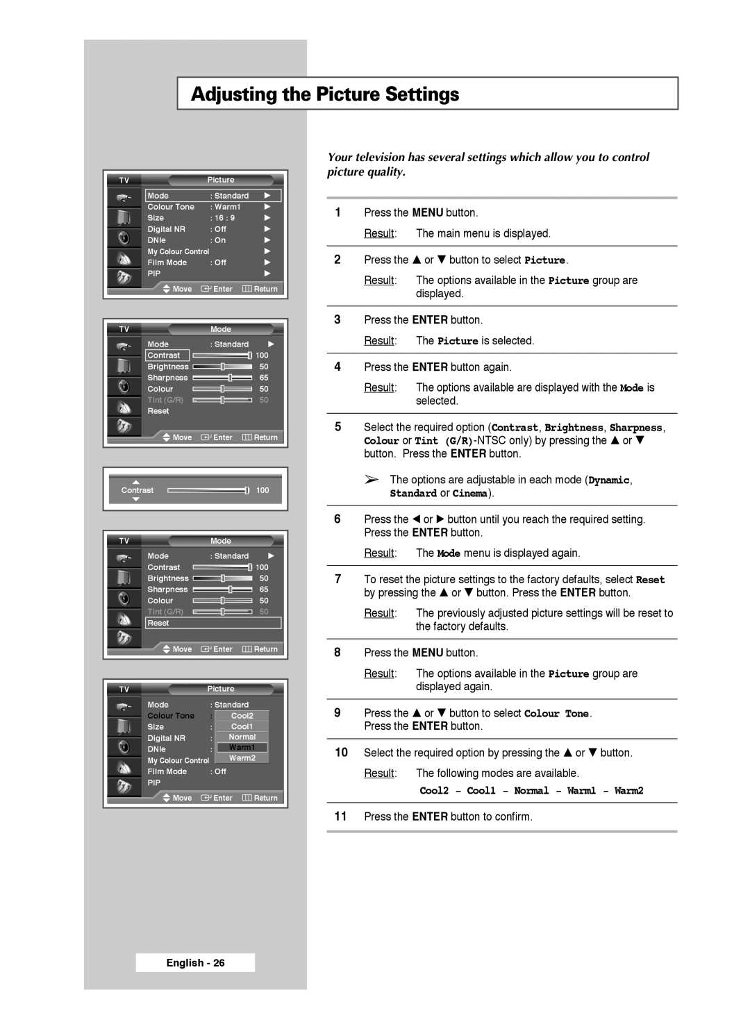 Samsung SP61L3HX, SP46L3HX, SP50L3HX manual Adjusting the Picture Settings, Standard or Cinema 