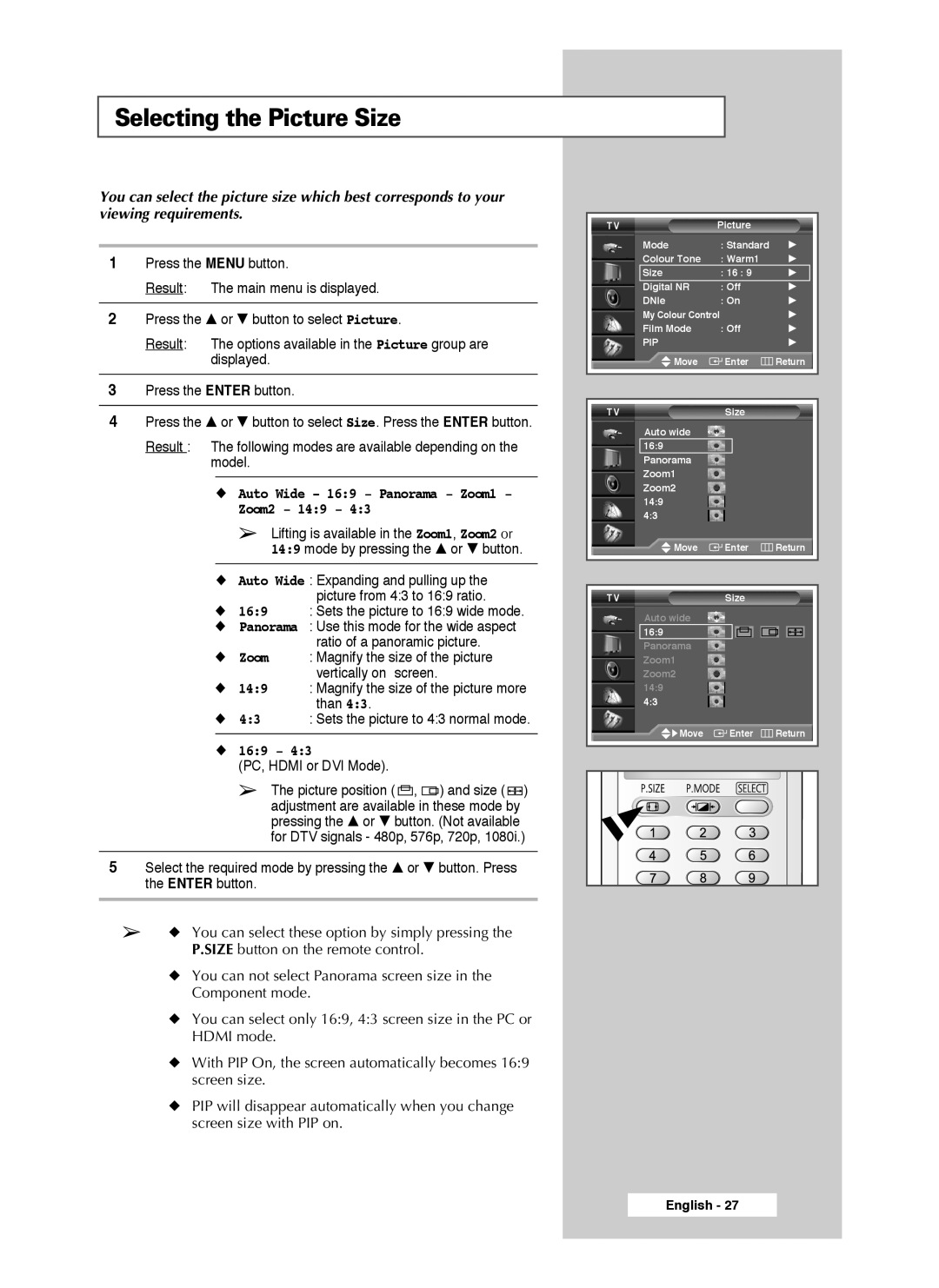 Samsung SP46L3HX, SP50L3HX, SP61L3HX manual Selecting the Picture Size, Auto Wide 169 Panorama Zoom1 Zoom2 149 