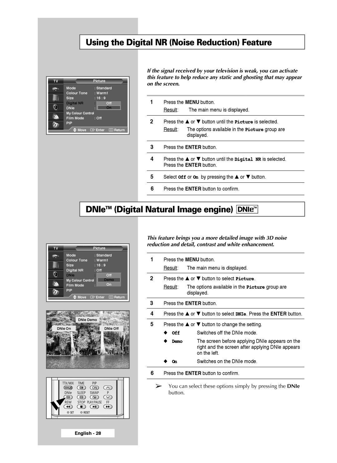 Samsung SP50L3HX, SP46L3HX, SP61L3HX manual Using the Digital NR Noise Reduction Feature, DNIeTM Digital Natural Image engine 