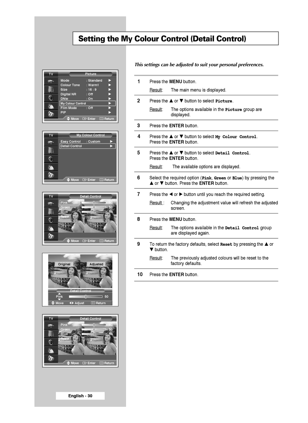 Samsung SP46L3HX, SP50L3HX, SP61L3HX manual Setting the My Colour Control Detail Control 