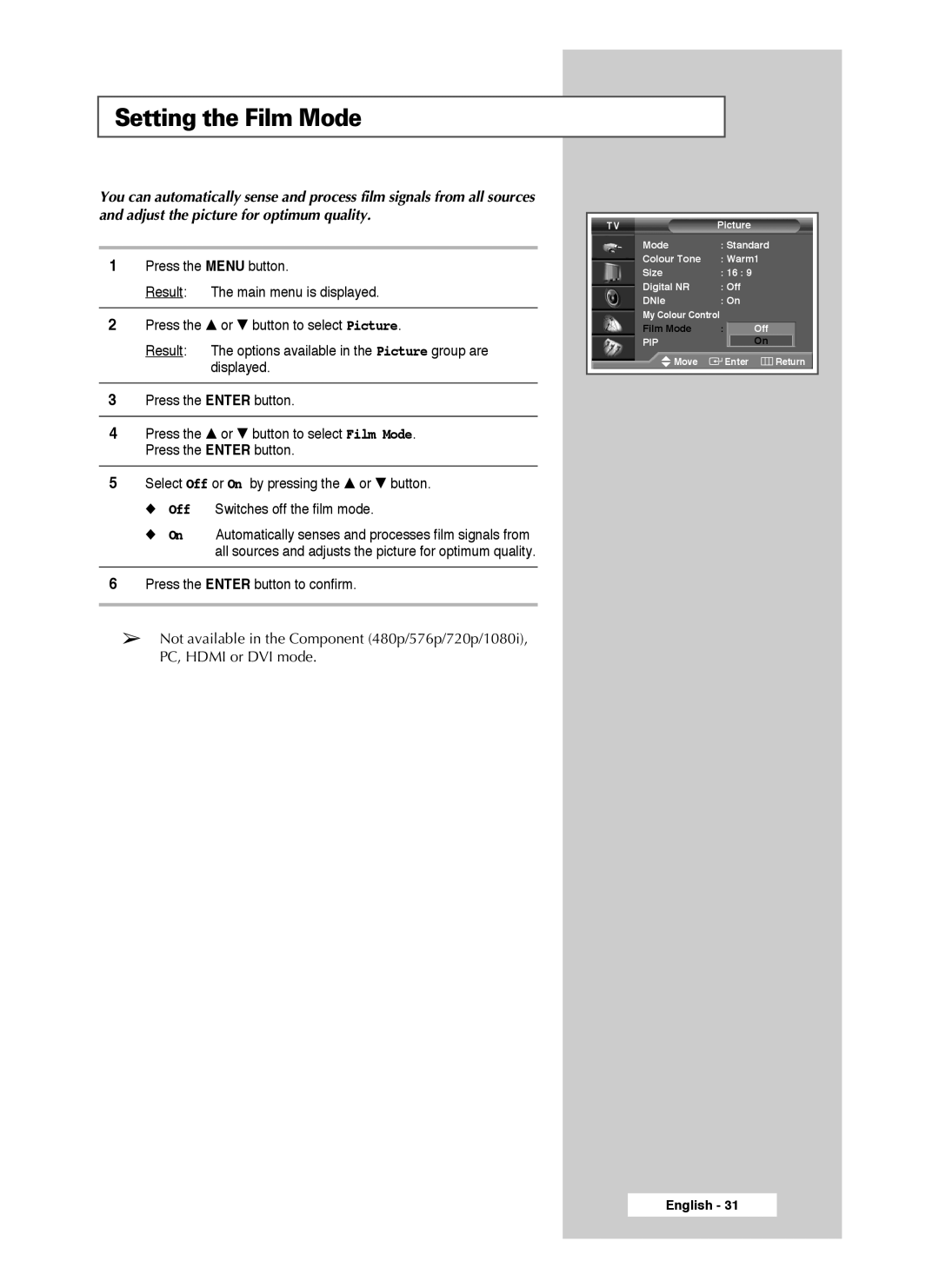 Samsung SP50L3HX, SP46L3HX, SP61L3HX manual Setting the Film Mode 