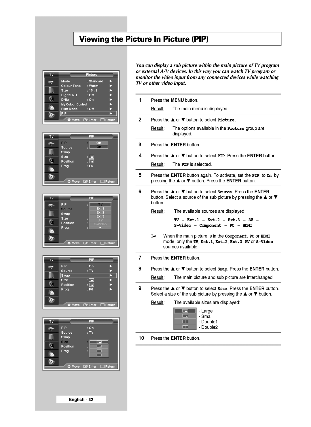 Samsung SP61L3HX, SP46L3HX, SP50L3HX Viewing the Picture In Picture PIP, TV Ext.1 Ext.2 Ext.3 AV Video Component PC Hdmi 