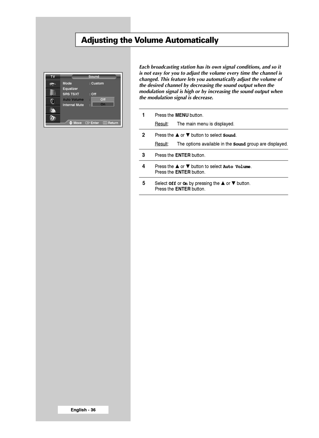 Samsung SP46L3HX, SP50L3HX, SP61L3HX manual Adjusting the Volume Automatically 