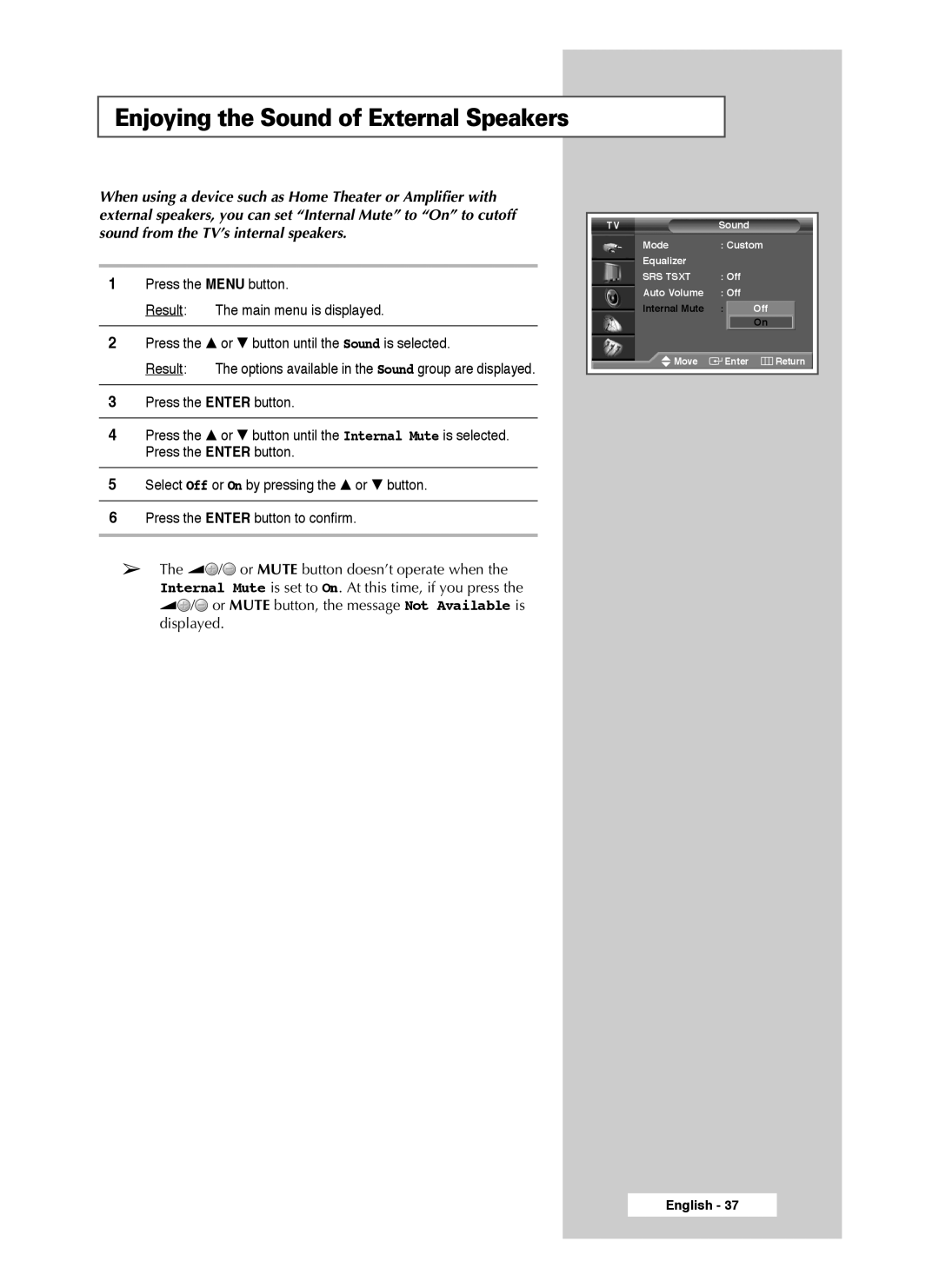 Samsung SP50L3HX, SP46L3HX, SP61L3HX manual Enjoying the Sound of External Speakers 