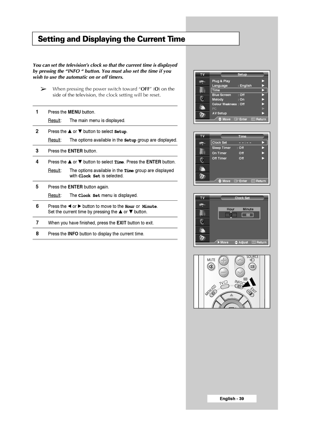 Samsung SP46L3HX, SP50L3HX, SP61L3HX manual Setting and Displaying the Current Time 