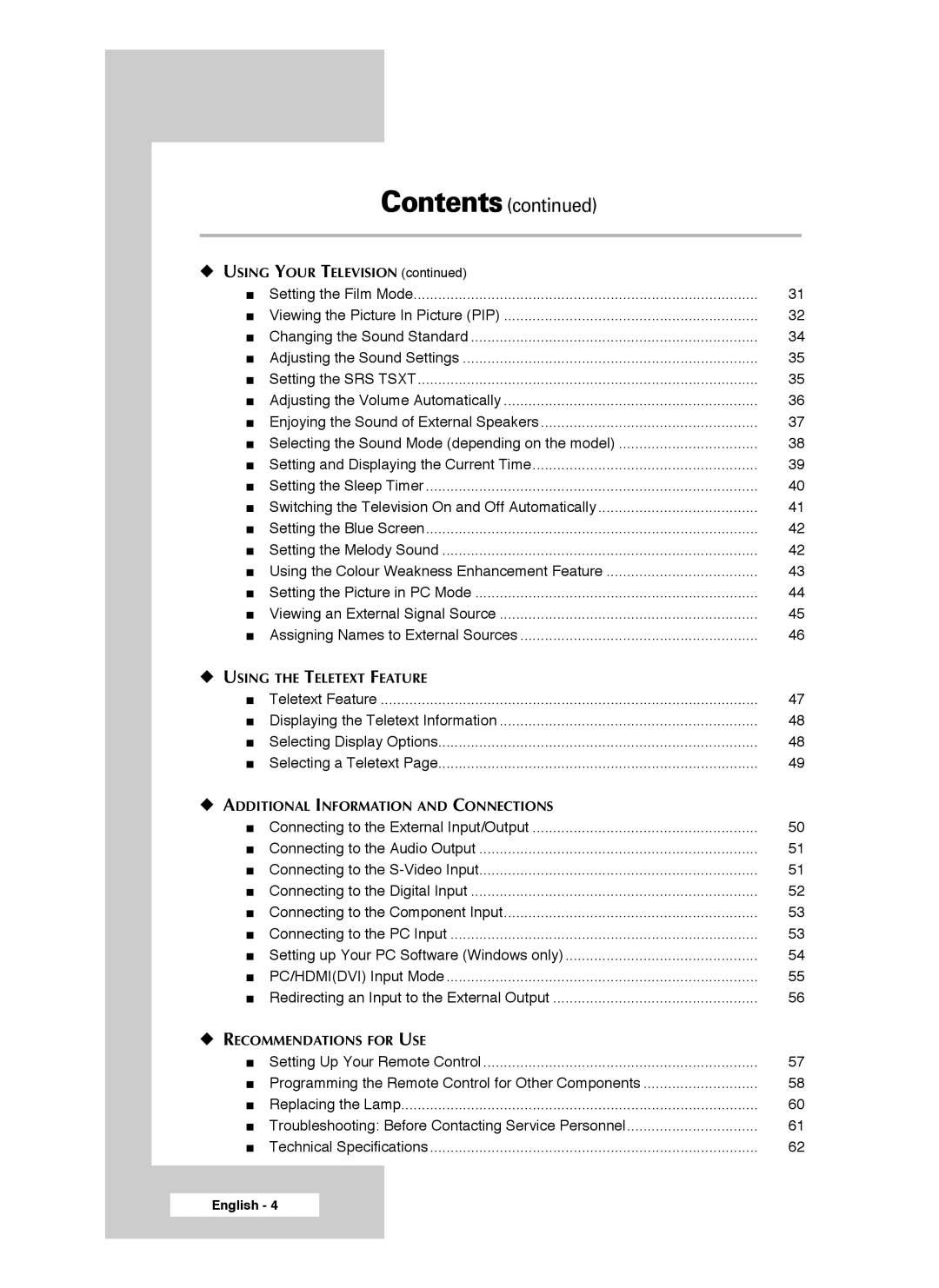 Samsung SP50L3HX, SP46L3HX, SP61L3HX manual Contents 