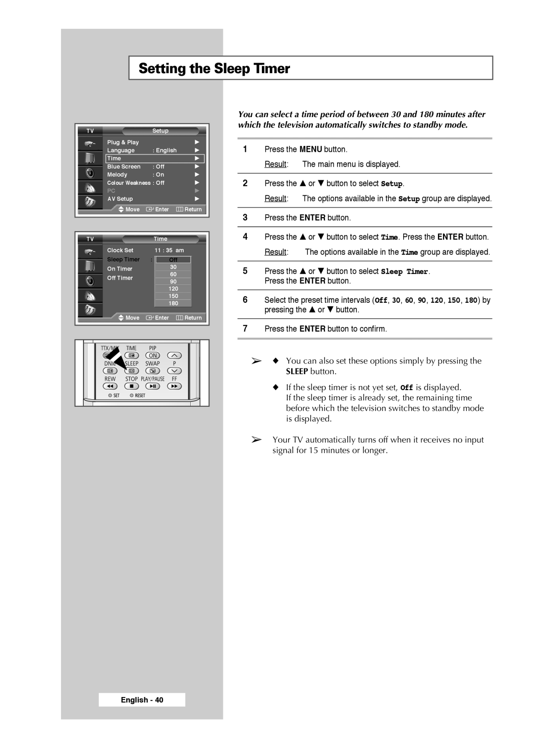 Samsung SP50L3HX, SP46L3HX, SP61L3HX manual Setting the Sleep Timer 