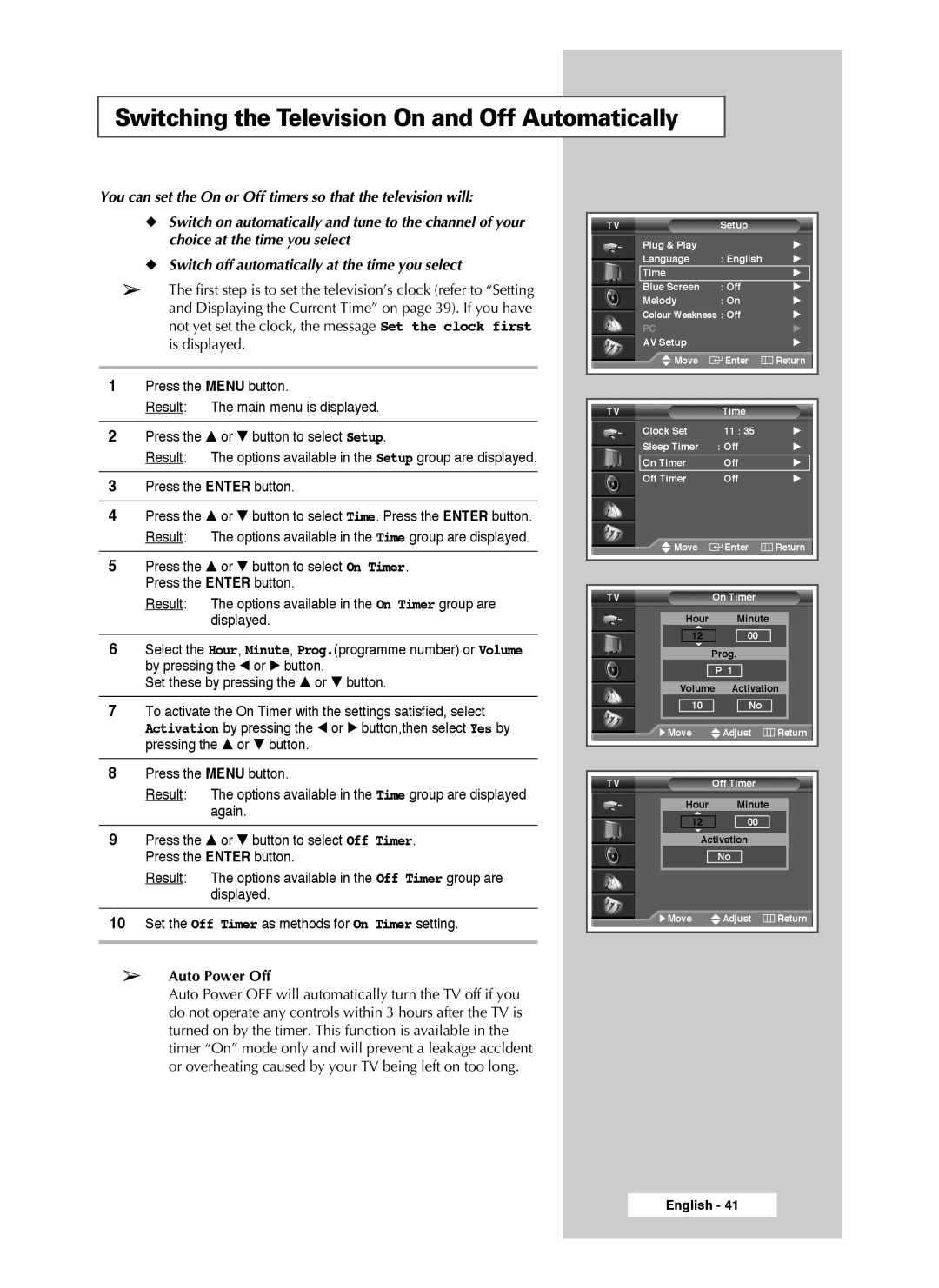 Samsung SP61L3HX, SP46L3HX, SP50L3HX manual Switching the Television On and Off Automatically, Auto Power Off 