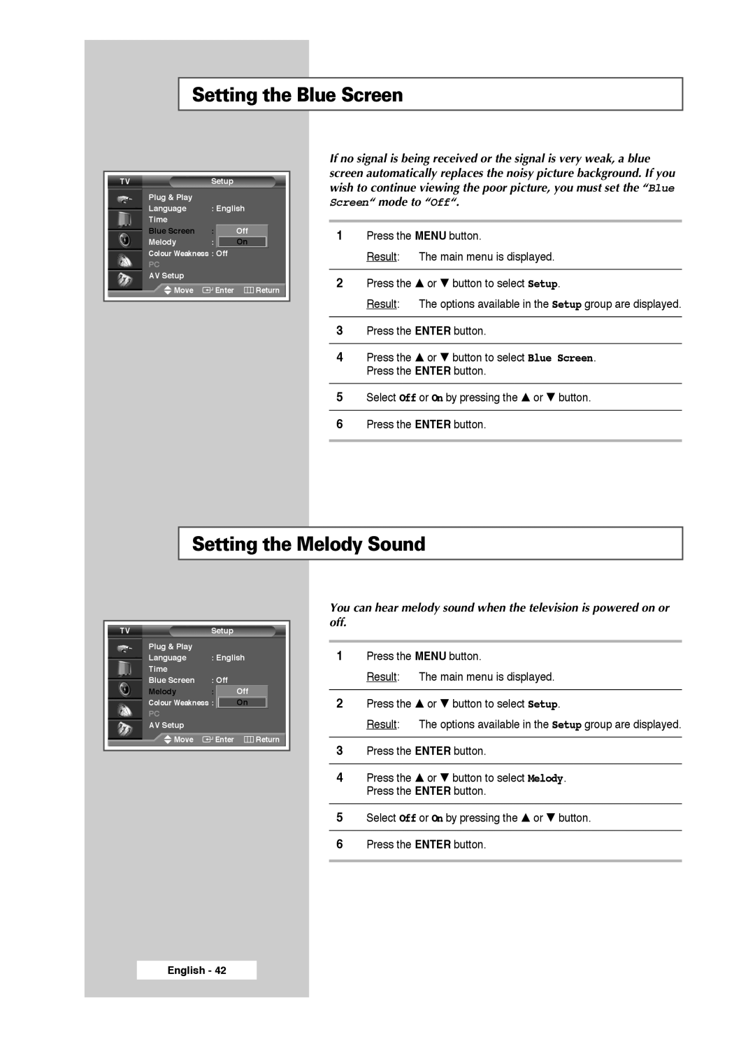 Samsung SP46L3HX, SP50L3HX, SP61L3HX manual Setting the Blue Screen, Setting the Melody Sound 