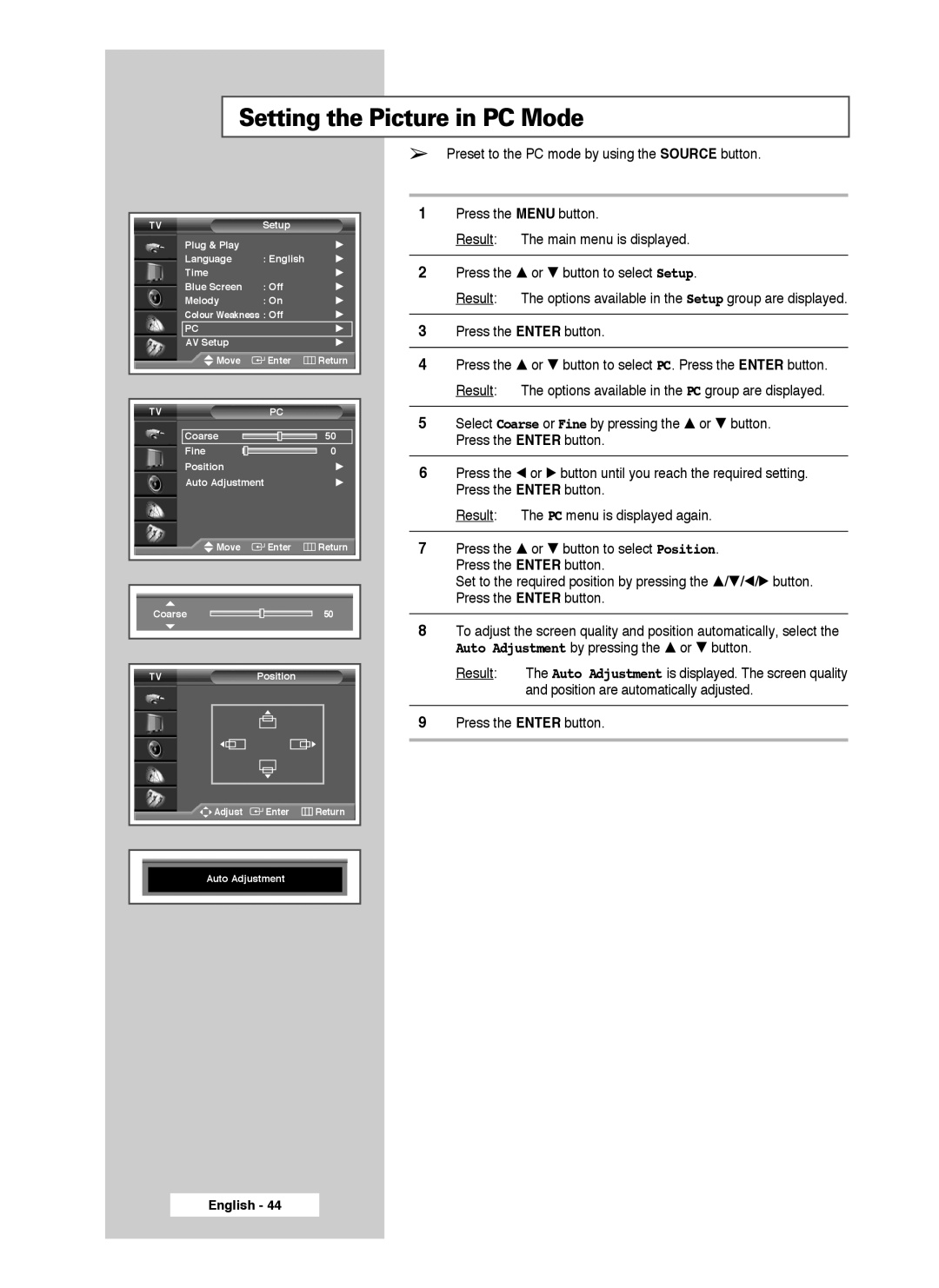 Samsung SP61L3HX, SP46L3HX, SP50L3HX manual Setting the Picture in PC Mode, Preset to the PC mode by using the Source button 