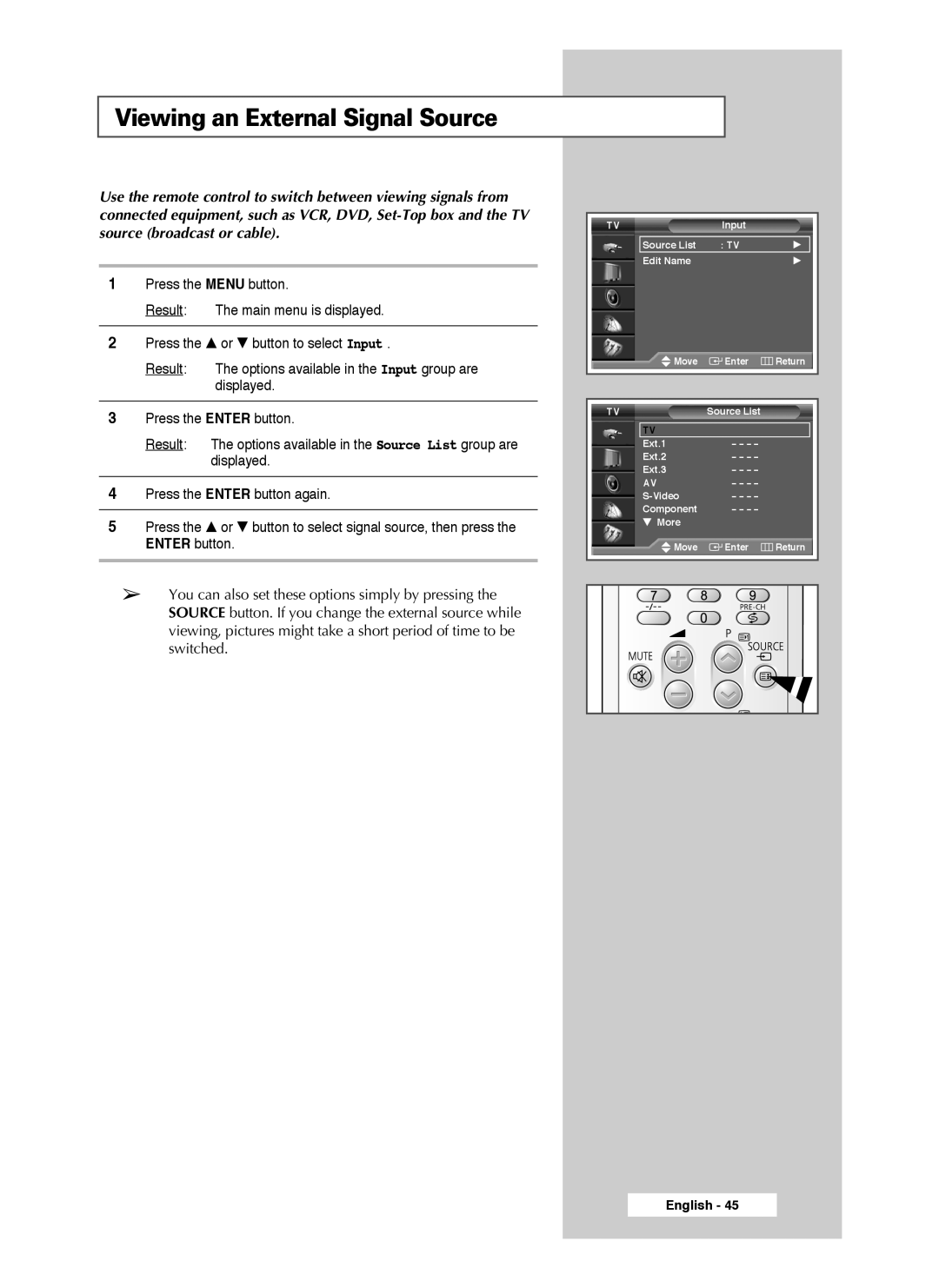 Samsung SP46L3HX, SP50L3HX, SP61L3HX manual Viewing an External Signal Source 