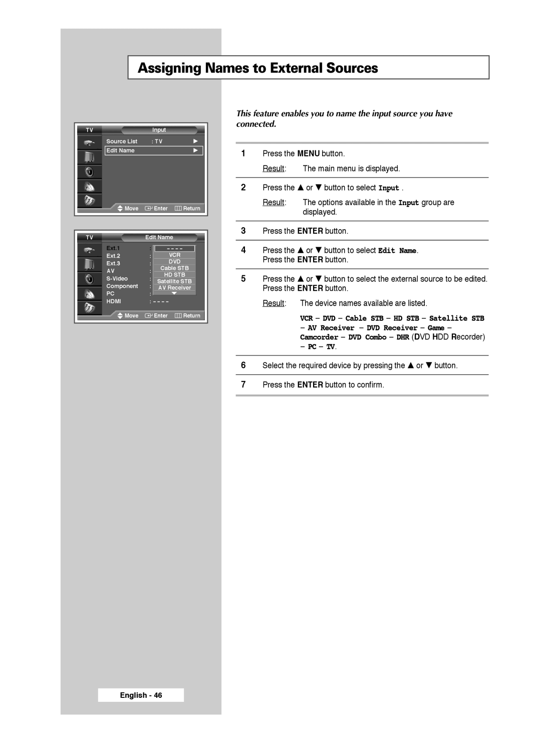 Samsung SP50L3HX, SP46L3HX, SP61L3HX manual Assigning Names to External Sources 