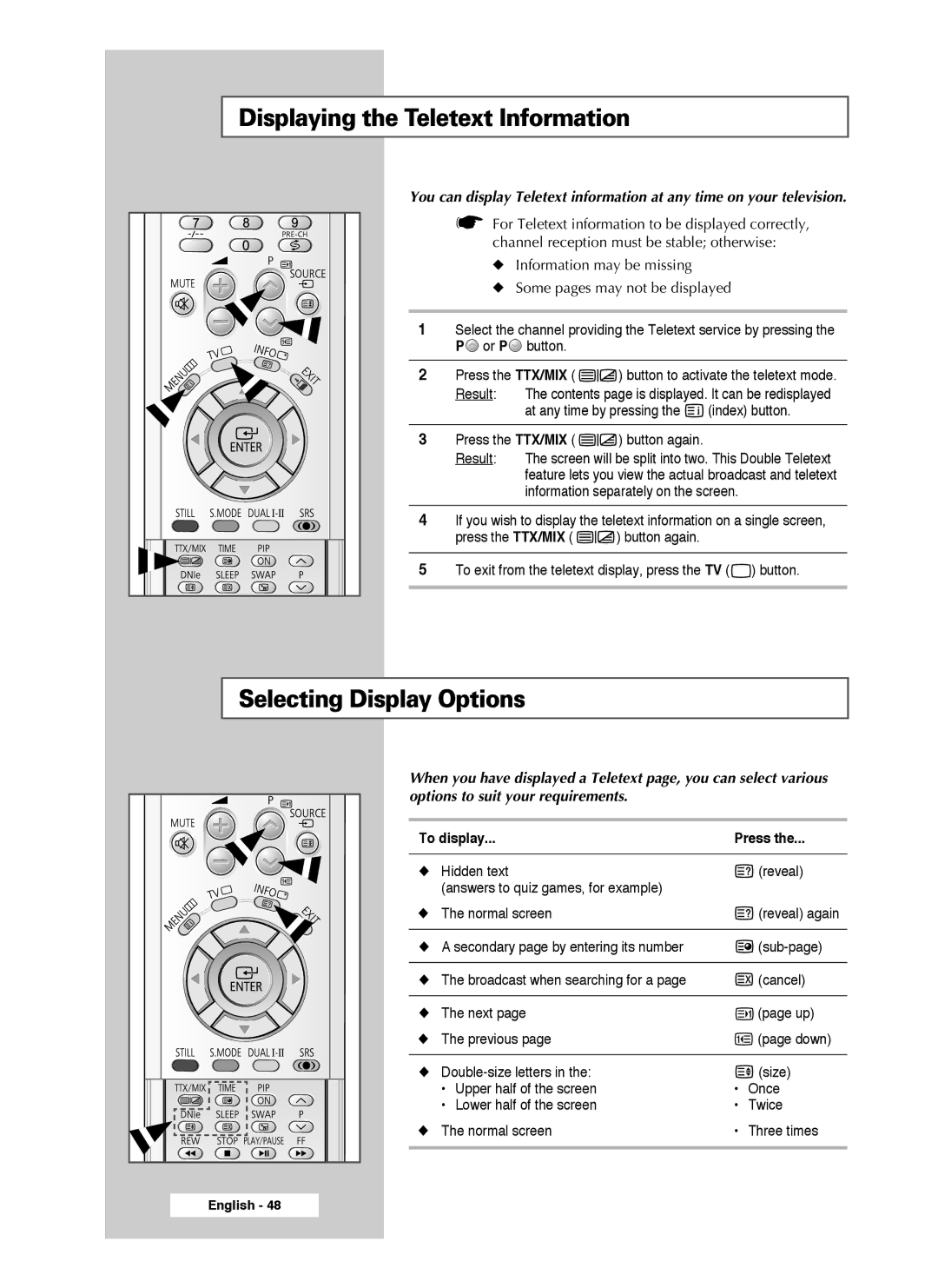 Samsung SP46L3HX, SP50L3HX, SP61L3HX manual Displaying the Teletext Information, Selecting Display Options 