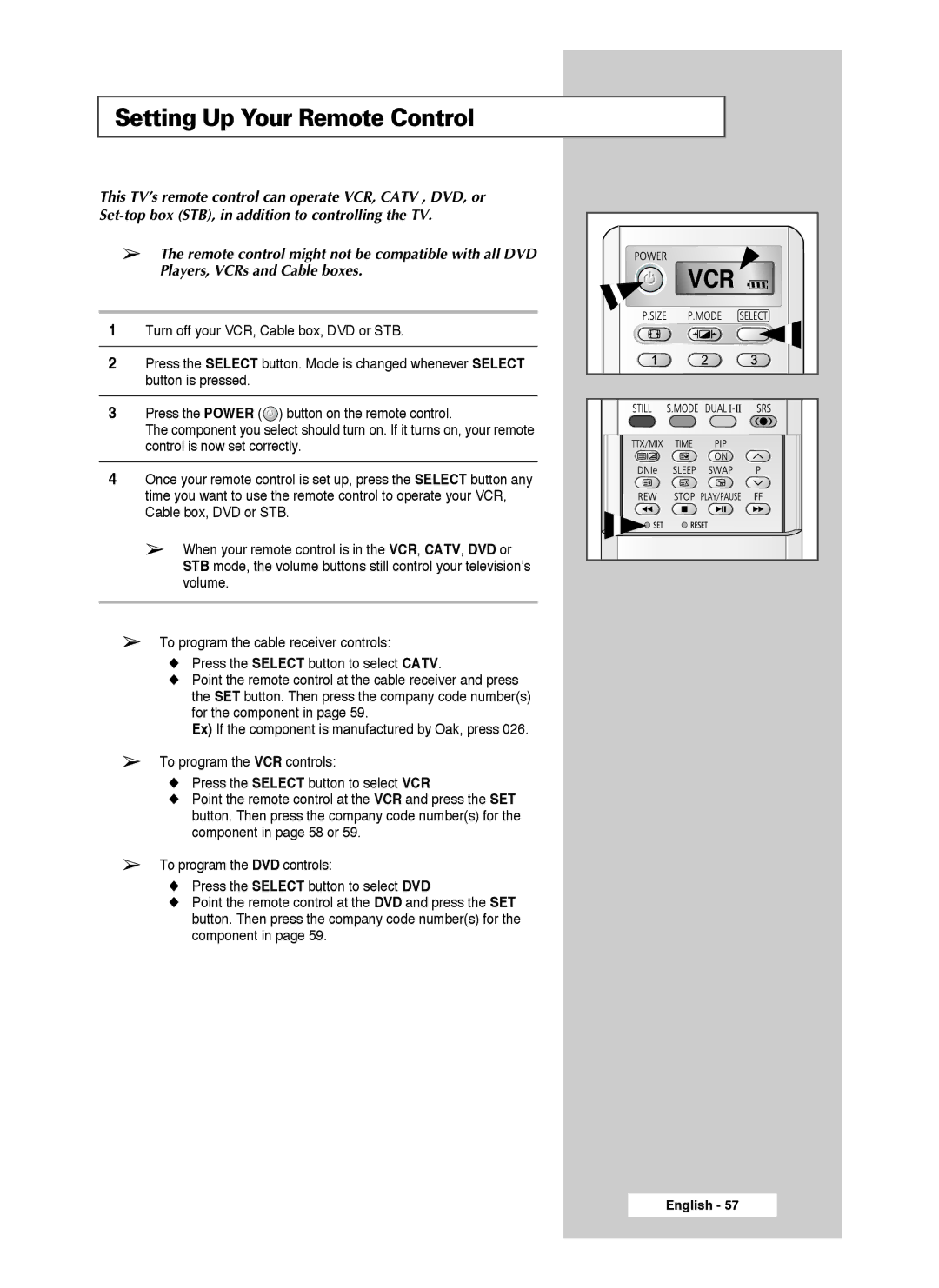 Samsung SP46L3HX, SP50L3HX, SP61L3HX manual Setting Up Your Remote Control, Vcr 