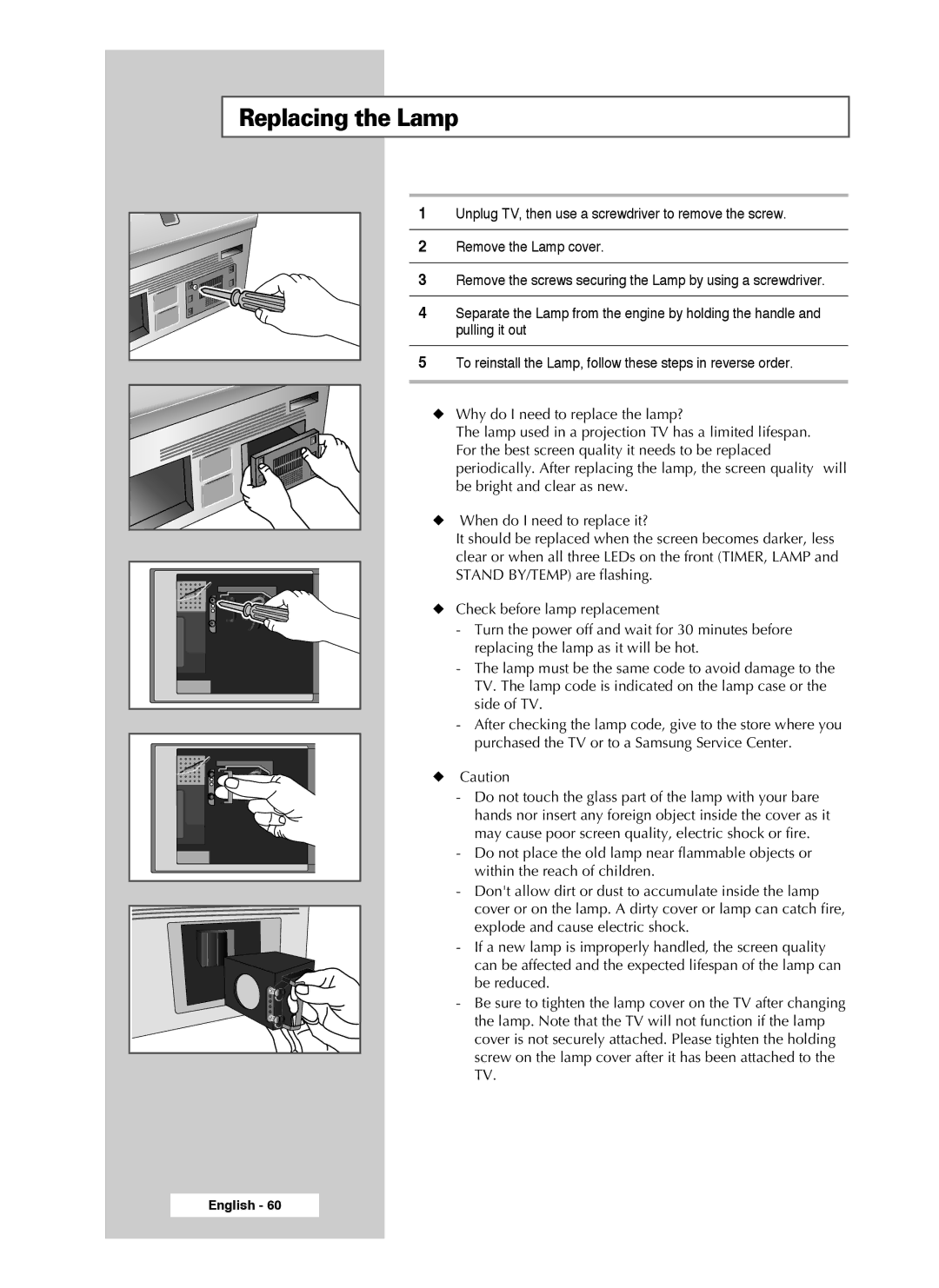 Samsung SP46L3HX, SP50L3HX, SP61L3HX manual Replacing the Lamp 