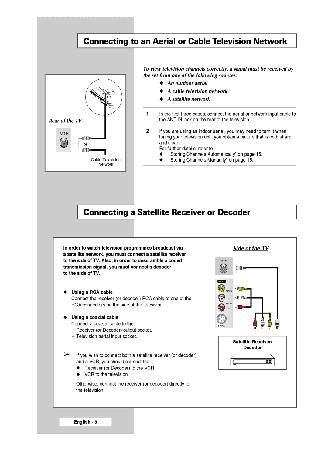 Samsung SP61L3HX, SP46L3HX Connecting to an Aerial or Cable Television Network, Connecting a Satellite Receiver or Decoder 