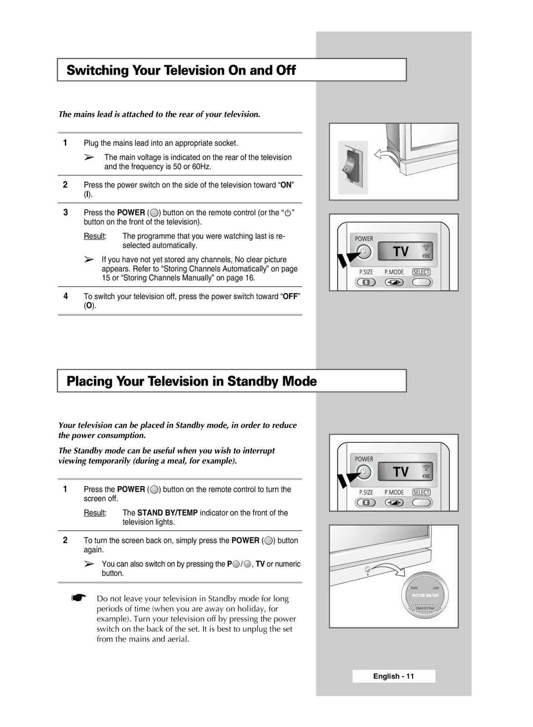 Samsung SP42L6HX, SP46L6HX, SP50L6HX, SP56L6HX Switching Your Television On and Off, Placing Your Television in Standby Mode 