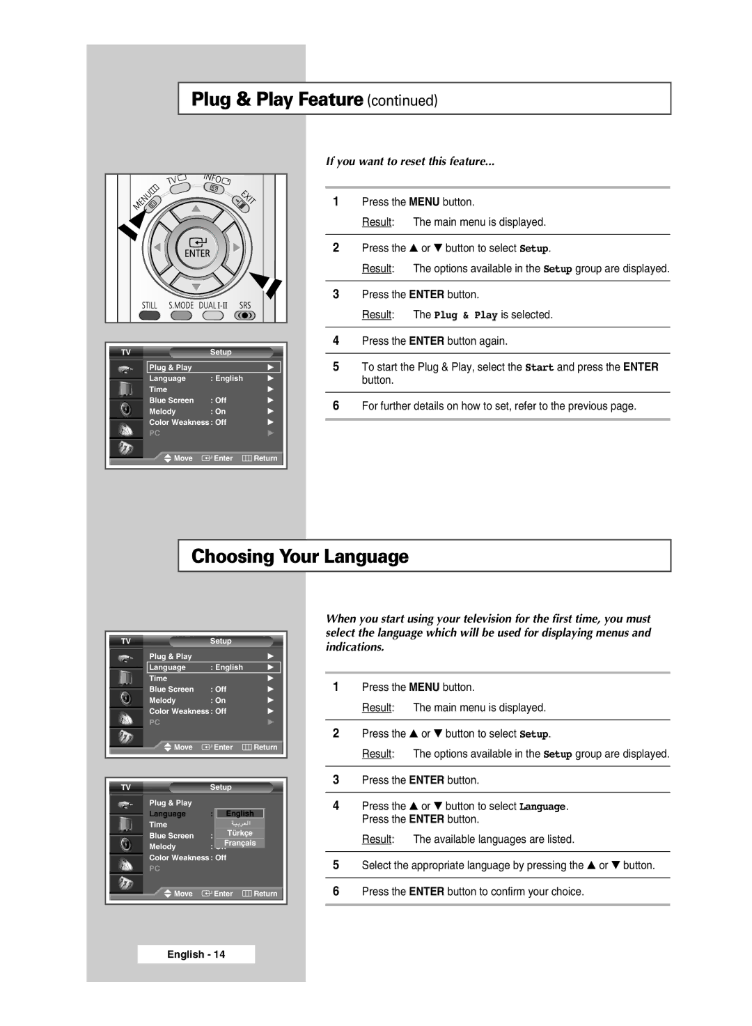 Samsung SP56L6HX, SP46L6HX, SP50L6HX, SP67L6HX, SP61L6HX, SP42L6HX Choosing Your Language, If you want to reset this feature 