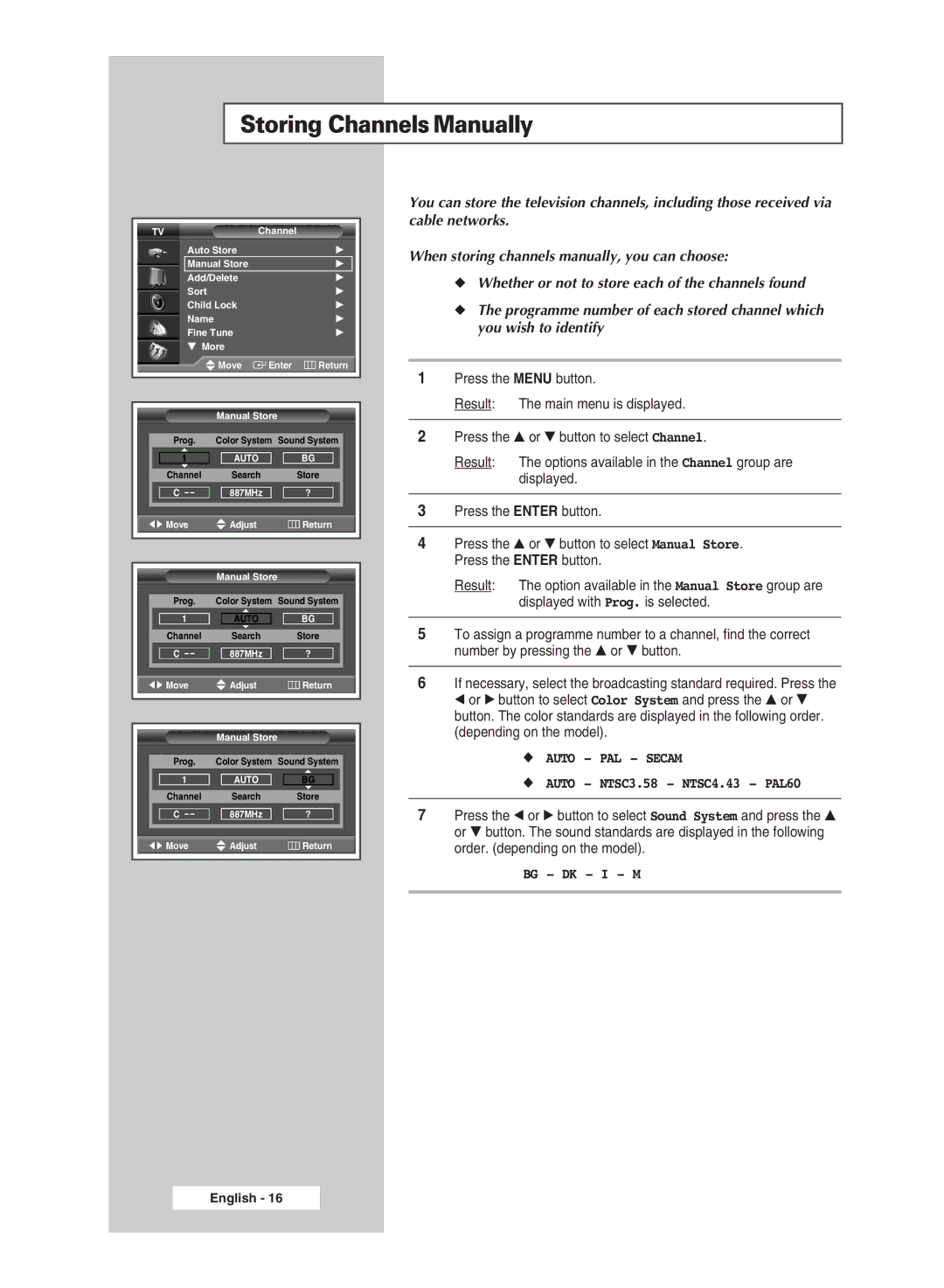 Samsung SP61L6HX, SP46L6HX, SP50L6HX, SP56L6HX, SP67L6HX, SP42L6HX manual Storing ChannelsManually, Auto PAL Secam 