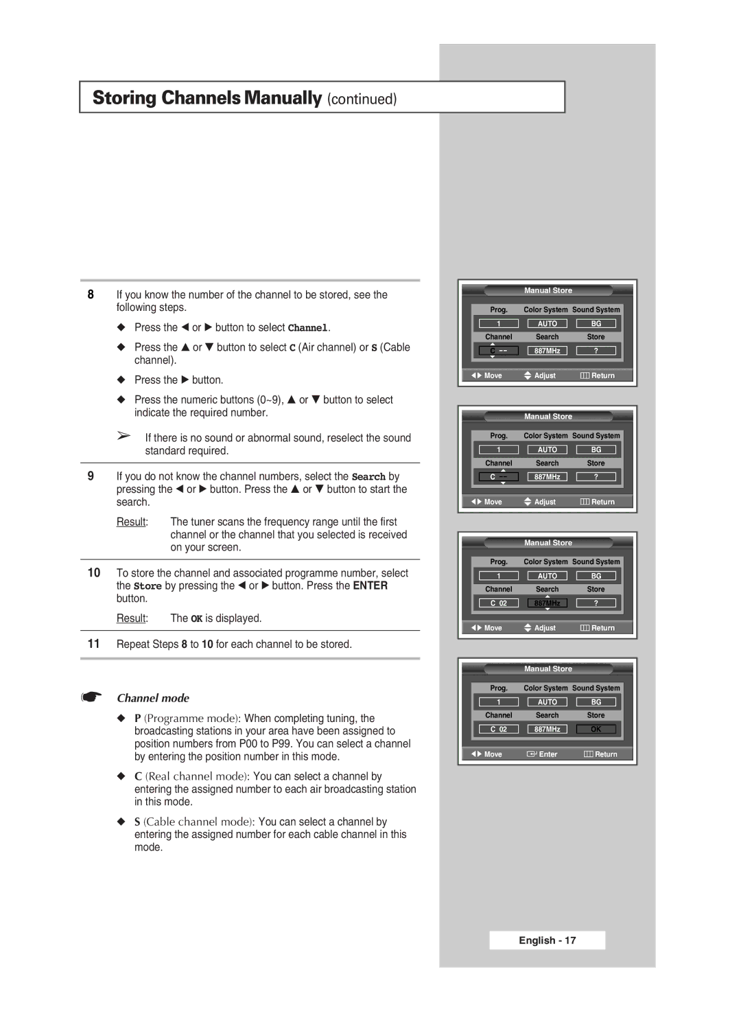 Samsung SP42L6HX, SP46L6HX, SP50L6HX, SP56L6HX, SP67L6HX, SP61L6HX manual Channel mode 