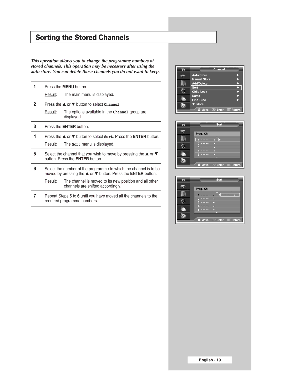 Samsung SP50L6HX, SP46L6HX, SP56L6HX, SP67L6HX, SP61L6HX, SP42L6HX manual Sorting the Stored Channels 