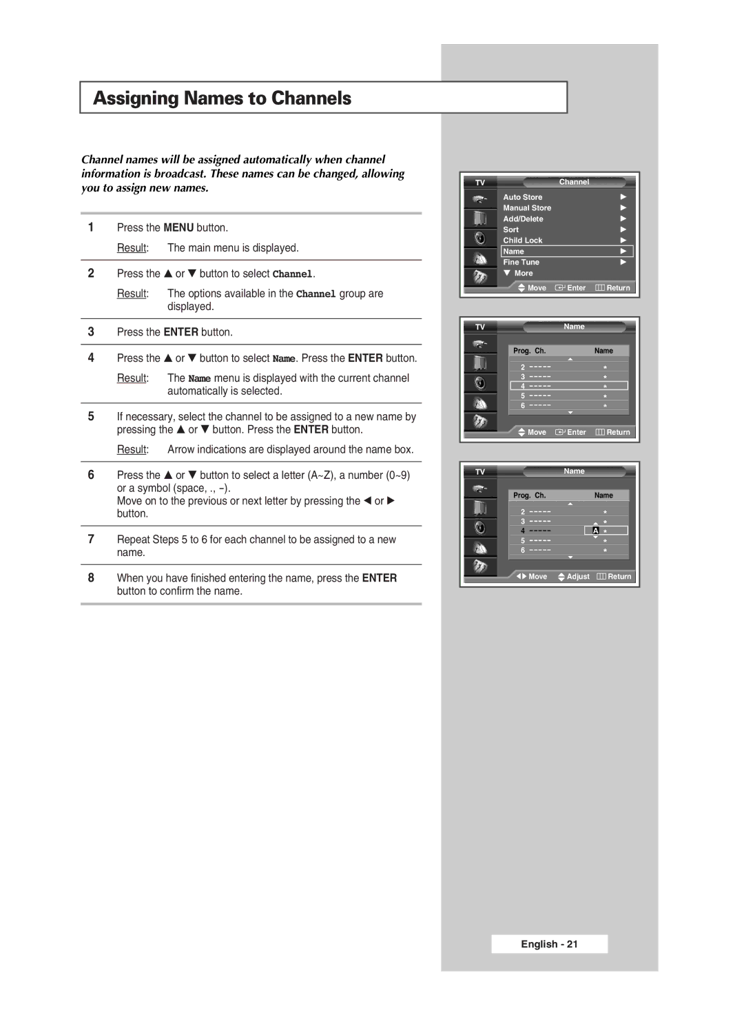 Samsung SP67L6HX, SP46L6HX, SP50L6HX, SP56L6HX, SP61L6HX, SP42L6HX manual Assigning Names to Channels 