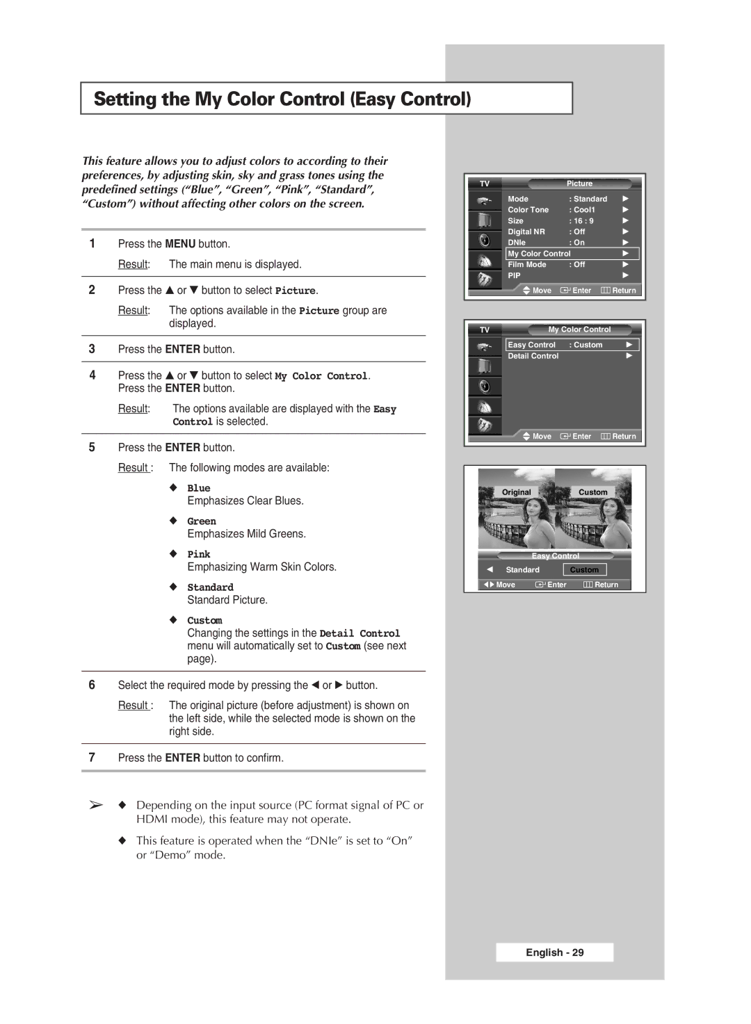 Samsung SP42L6HX, SP46L6HX manual Setting the My Color Control Easy Control, Emphasizes Clear Blues, Emphasizes Mild Greens 