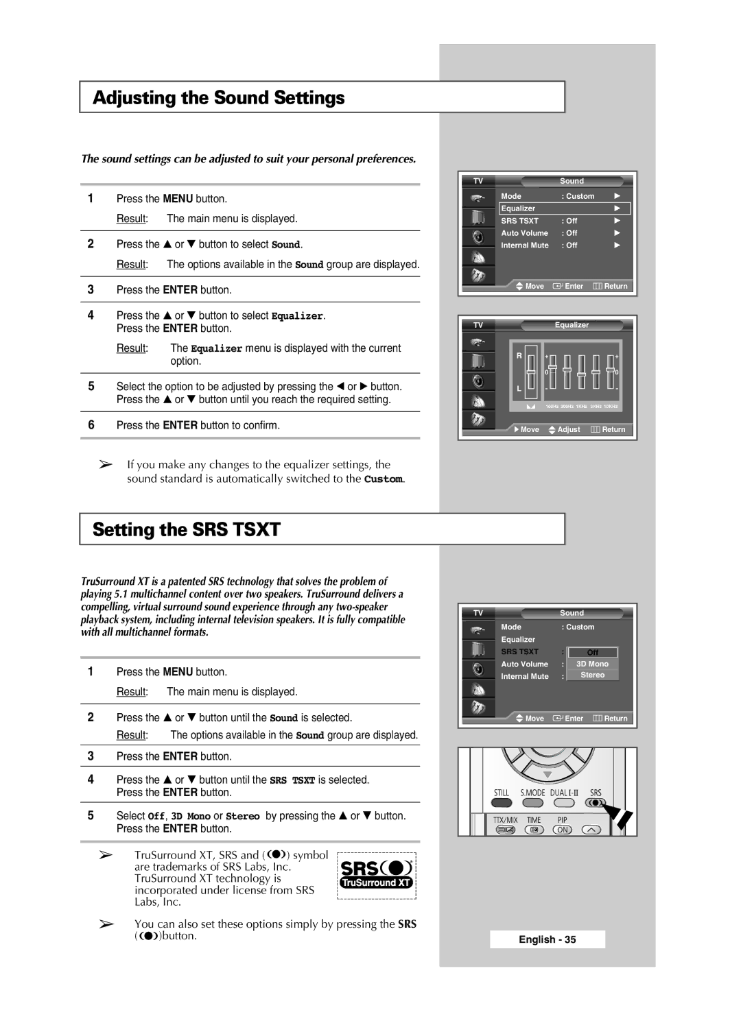 Samsung SP42L6HX, SP46L6HX manual Adjusting the Sound Settings, Setting the SRS Tsxt, Option, With all multichannel formats 