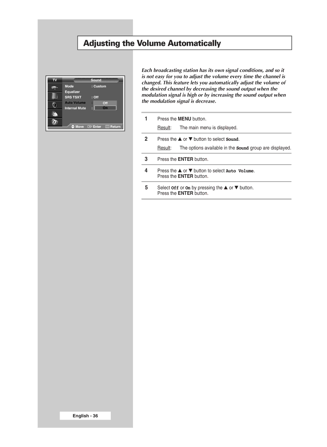 Samsung SP46L6HX, SP50L6HX, SP56L6HX, SP67L6HX, SP61L6HX, SP42L6HX manual Adjusting the Volume Automatically 