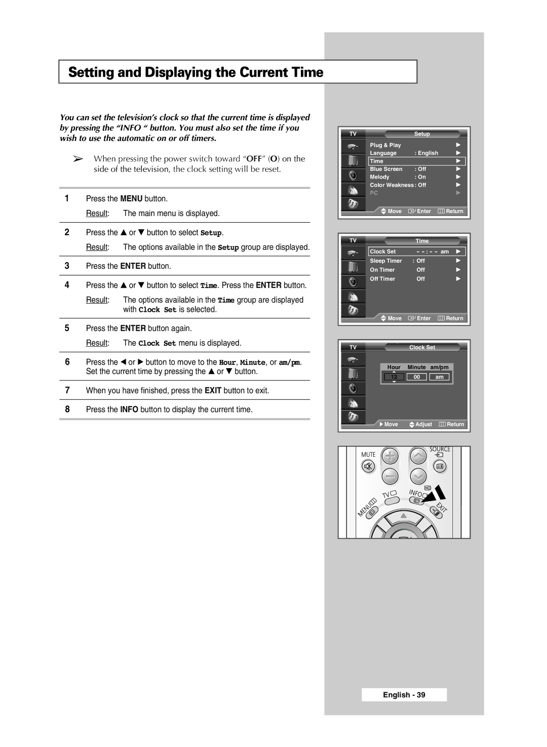 Samsung SP67L6HX, SP46L6HX, SP50L6HX, SP56L6HX, SP61L6HX, SP42L6HX manual Setting and Displaying the Current Time 